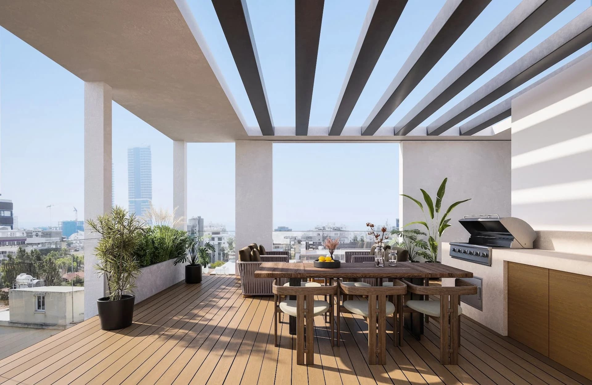 ORION roof terrace with a pergola, dining table and city views