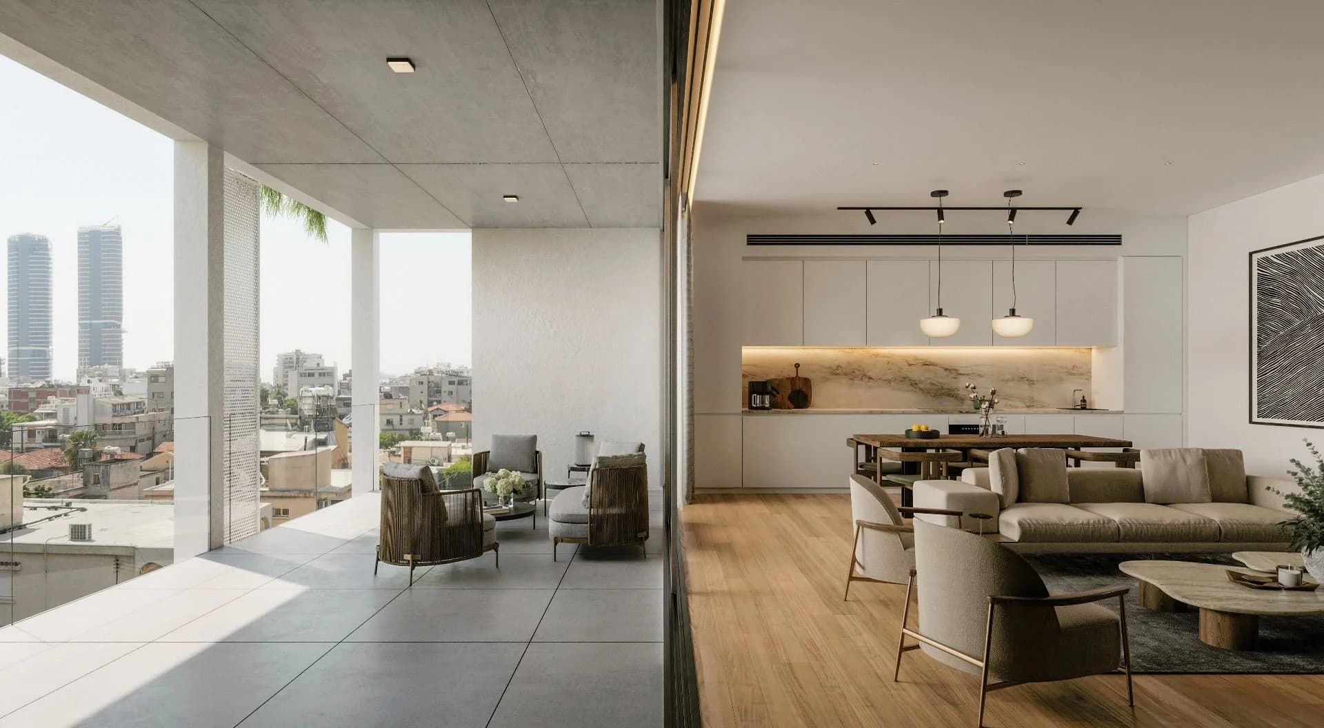 ORION living and dining room opening onto a covered balcony with city views