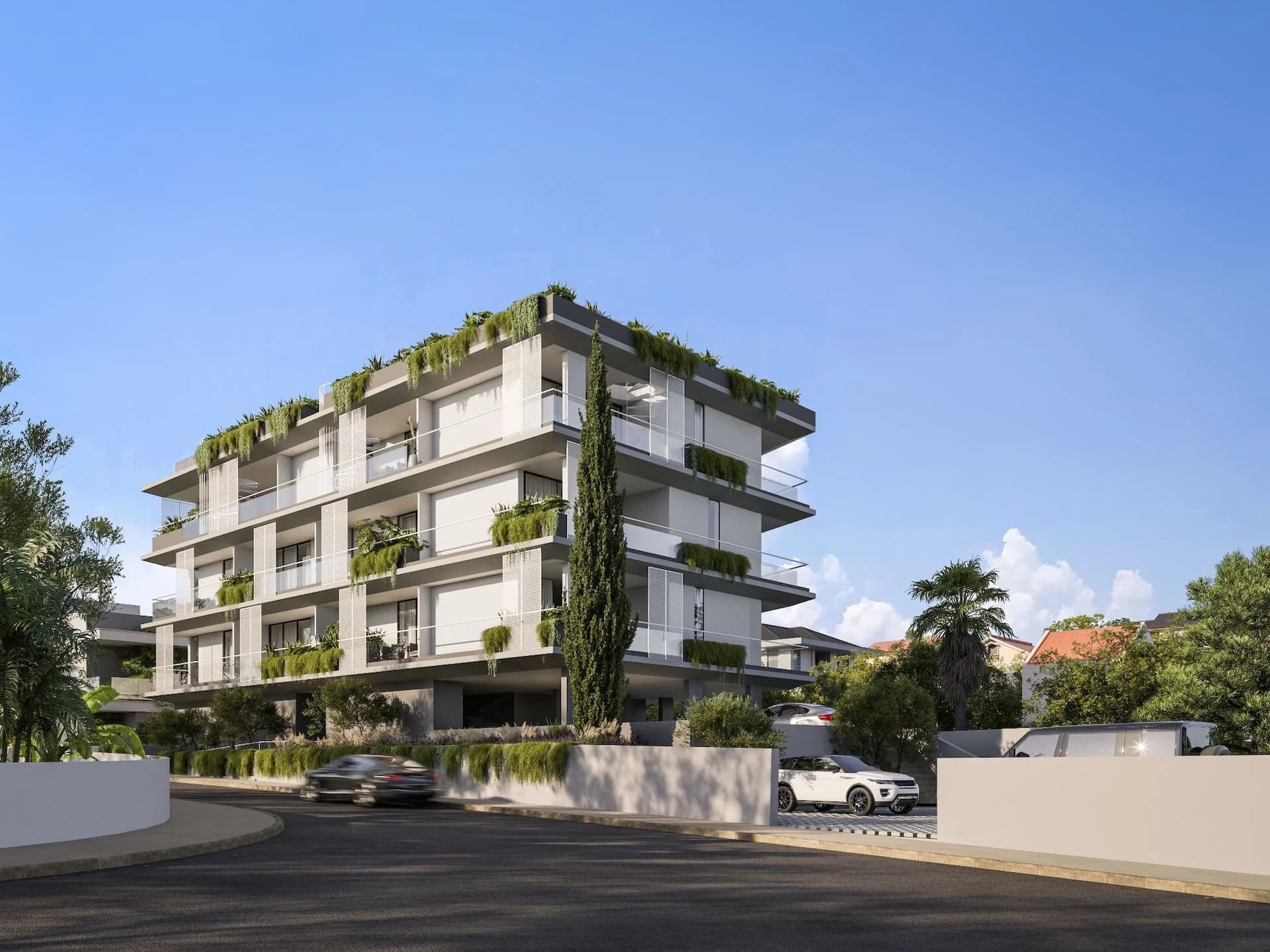 PARKVIEW's planted balconies and roof gardens seen from the corner