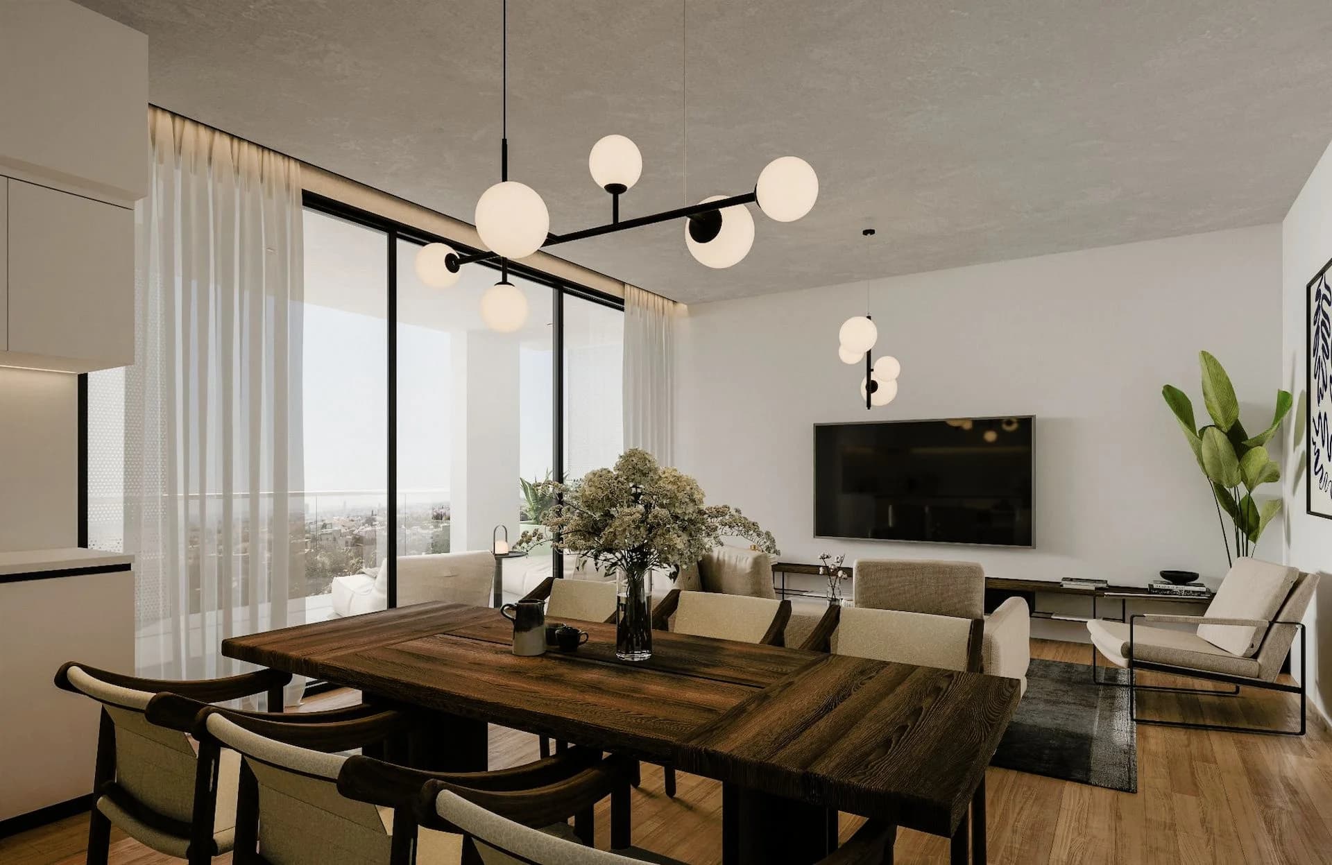PARKVIEW living and dining room with globe pendants and full-height glass