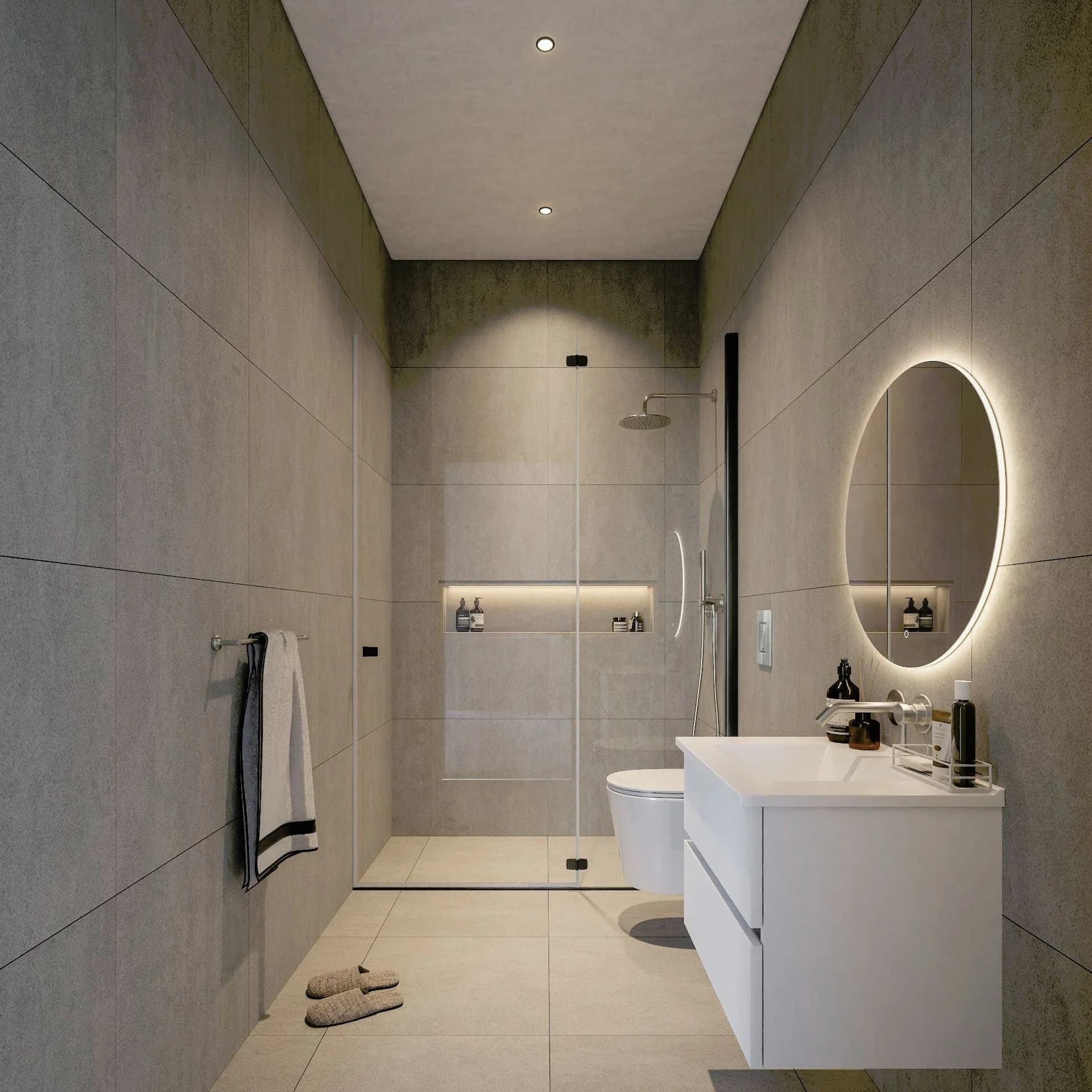 PARKVIEW shower room with a round backlit mirror