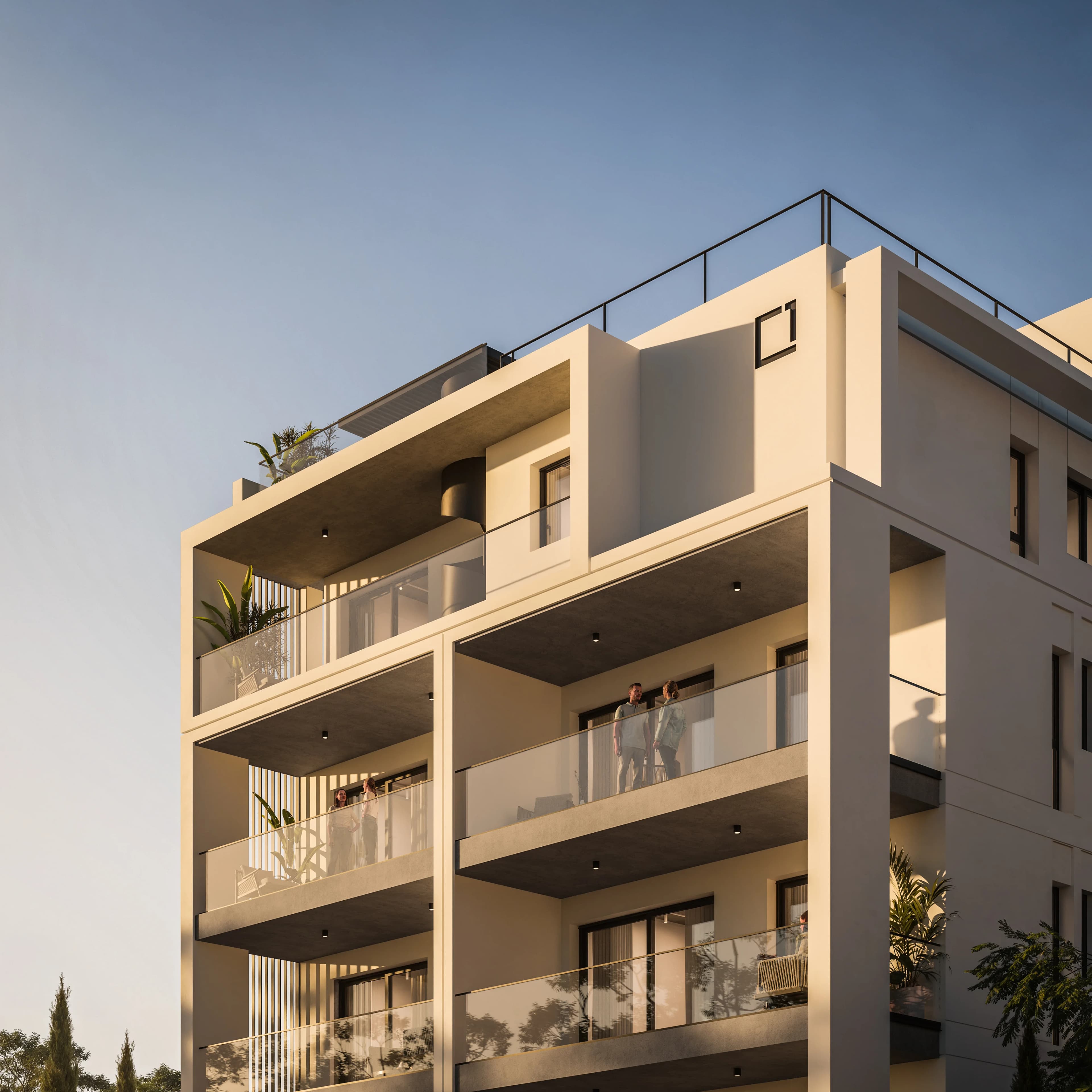 Close view of SENA's upper balconies with glass railings and planters