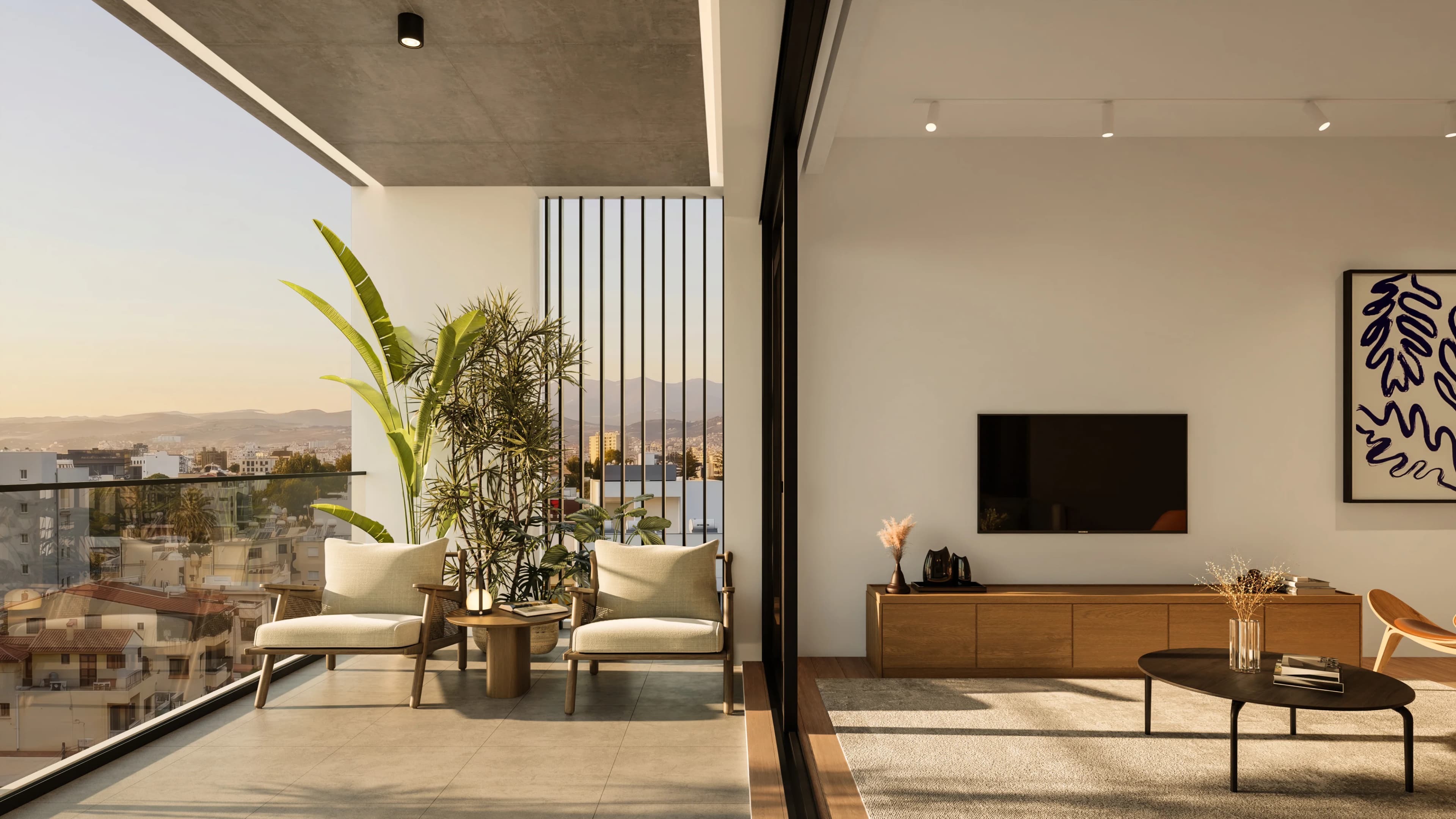 SENA living room opening onto a wide balcony overlooking Limassol's rooftops to the hills