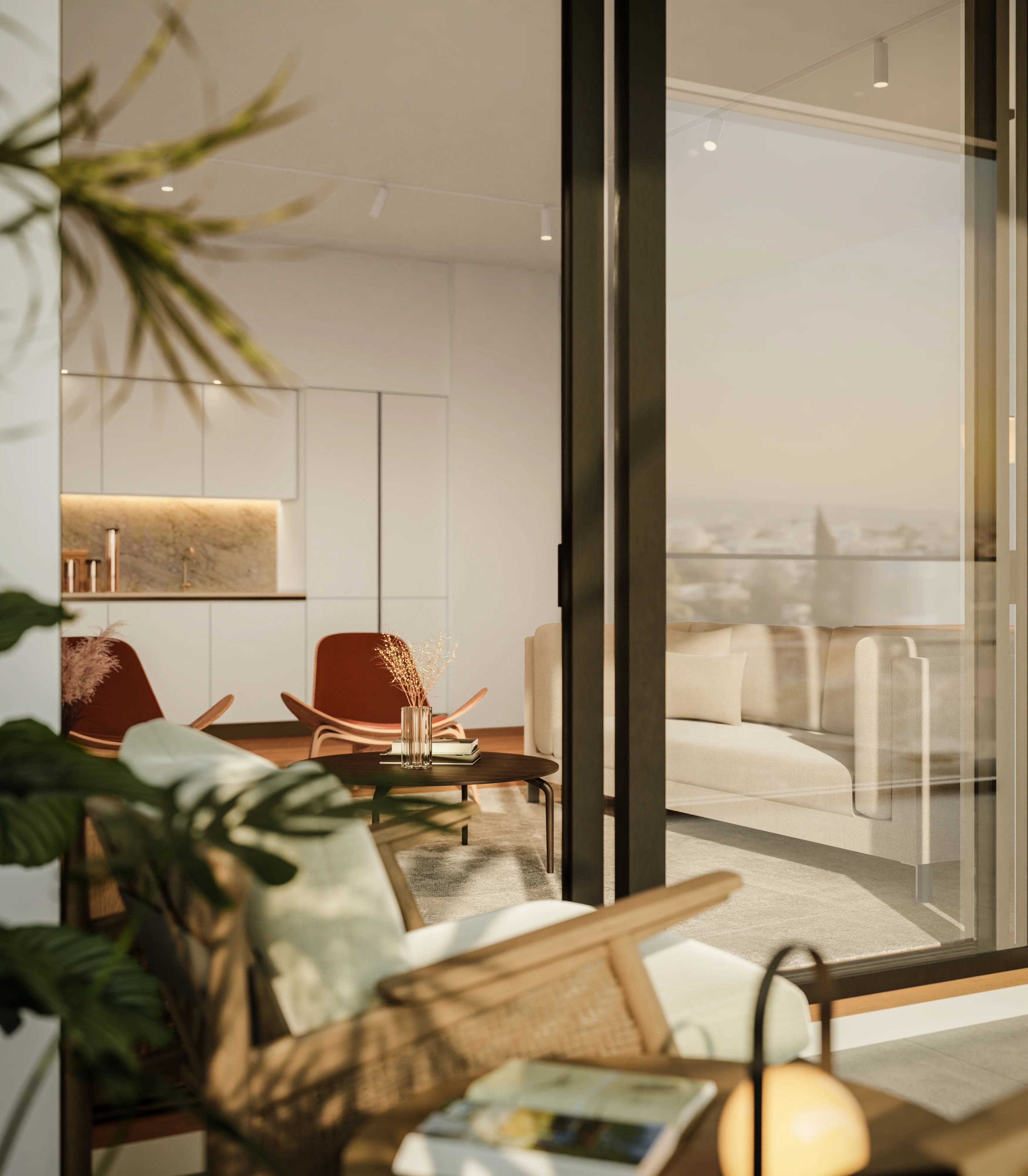 SENA living room seen through the glass doors from a planted veranda