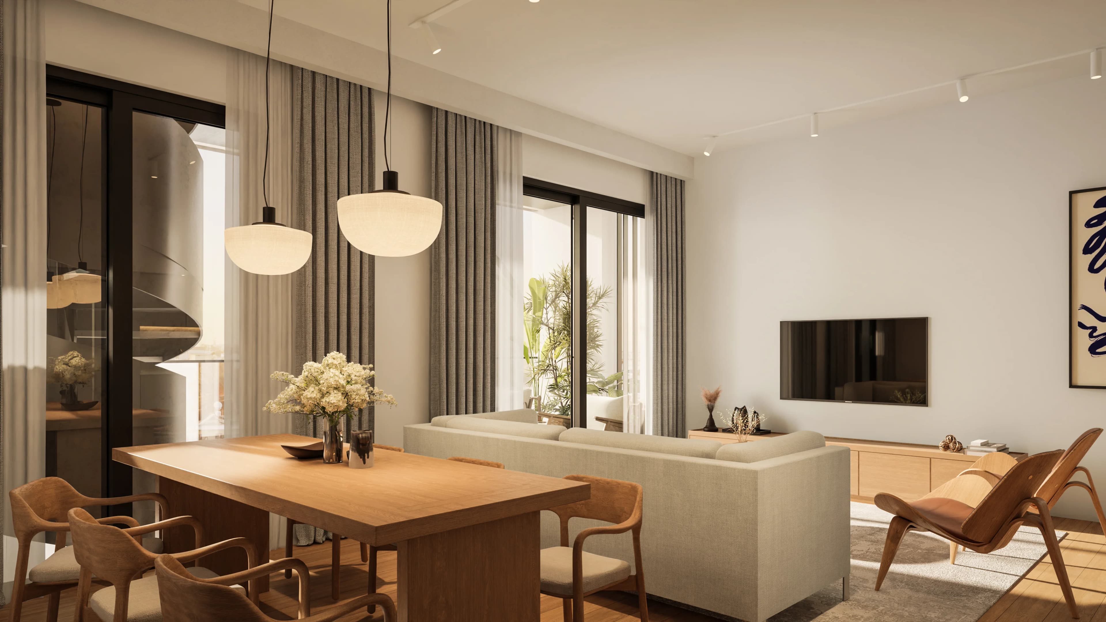 Open-plan SENA living and dining room with pendant lights and oak floors