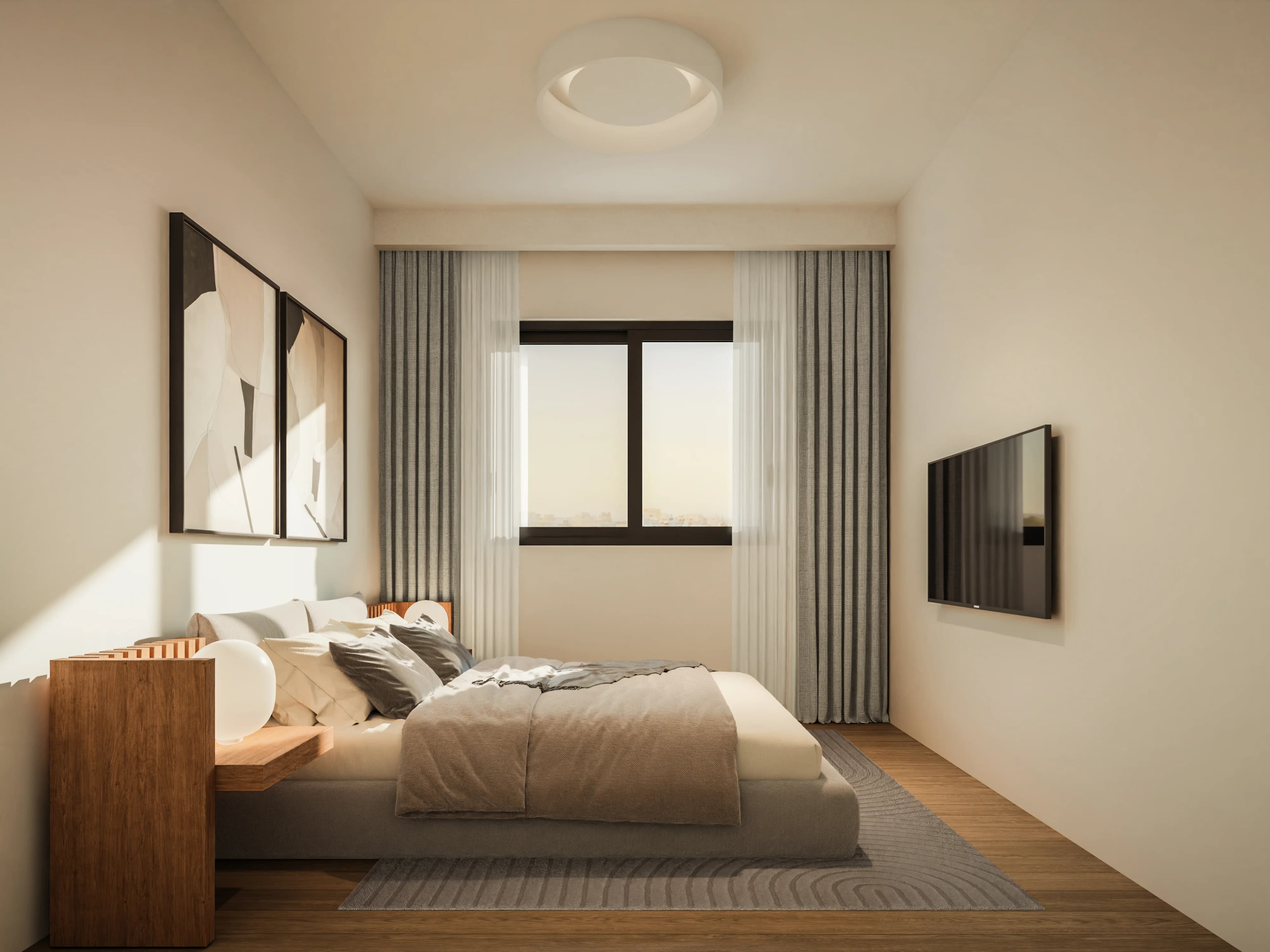 SENA bedroom with soft morning light and full-length curtains