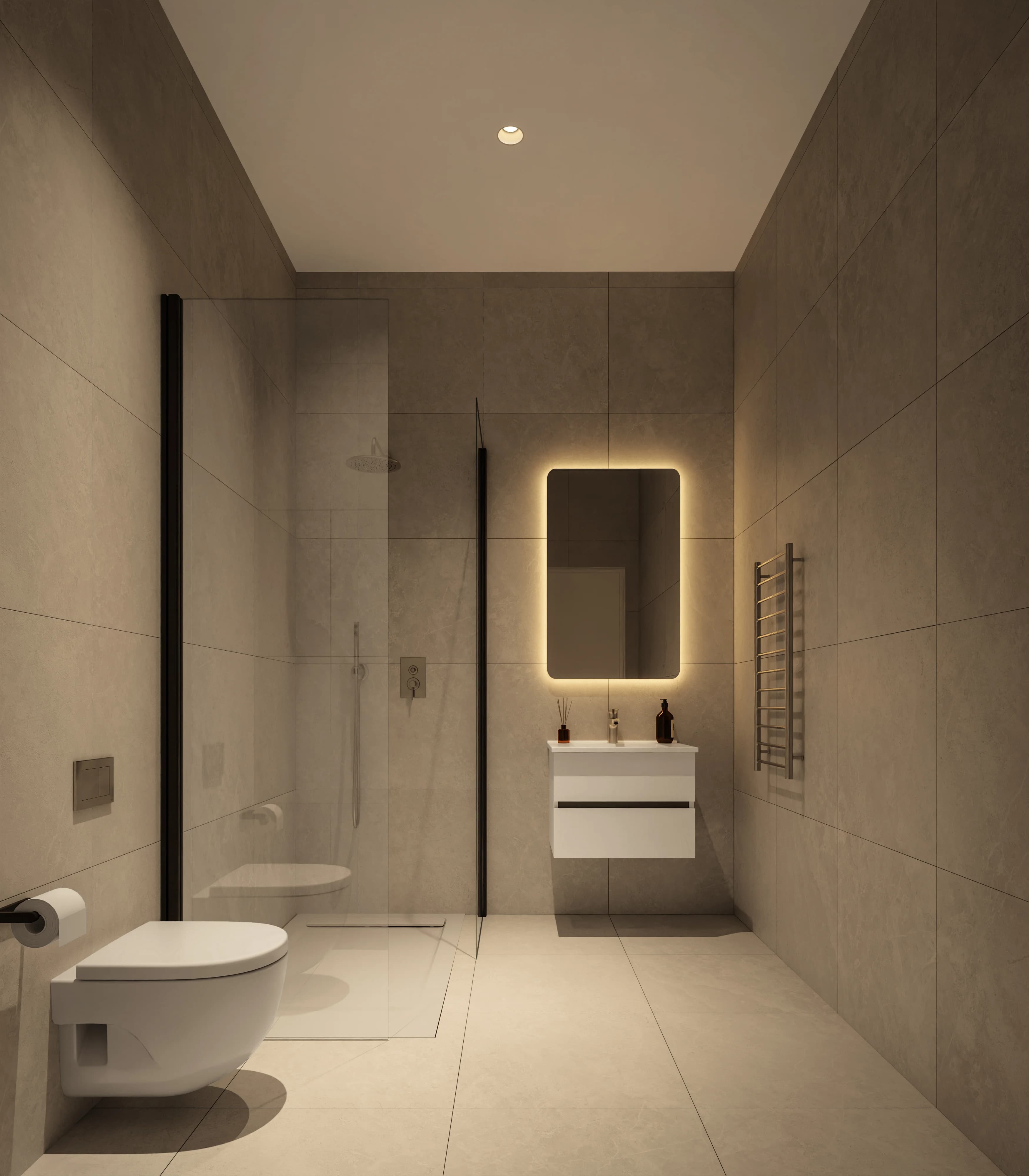 SENA shower room with a backlit mirror and warm stone-look tiles