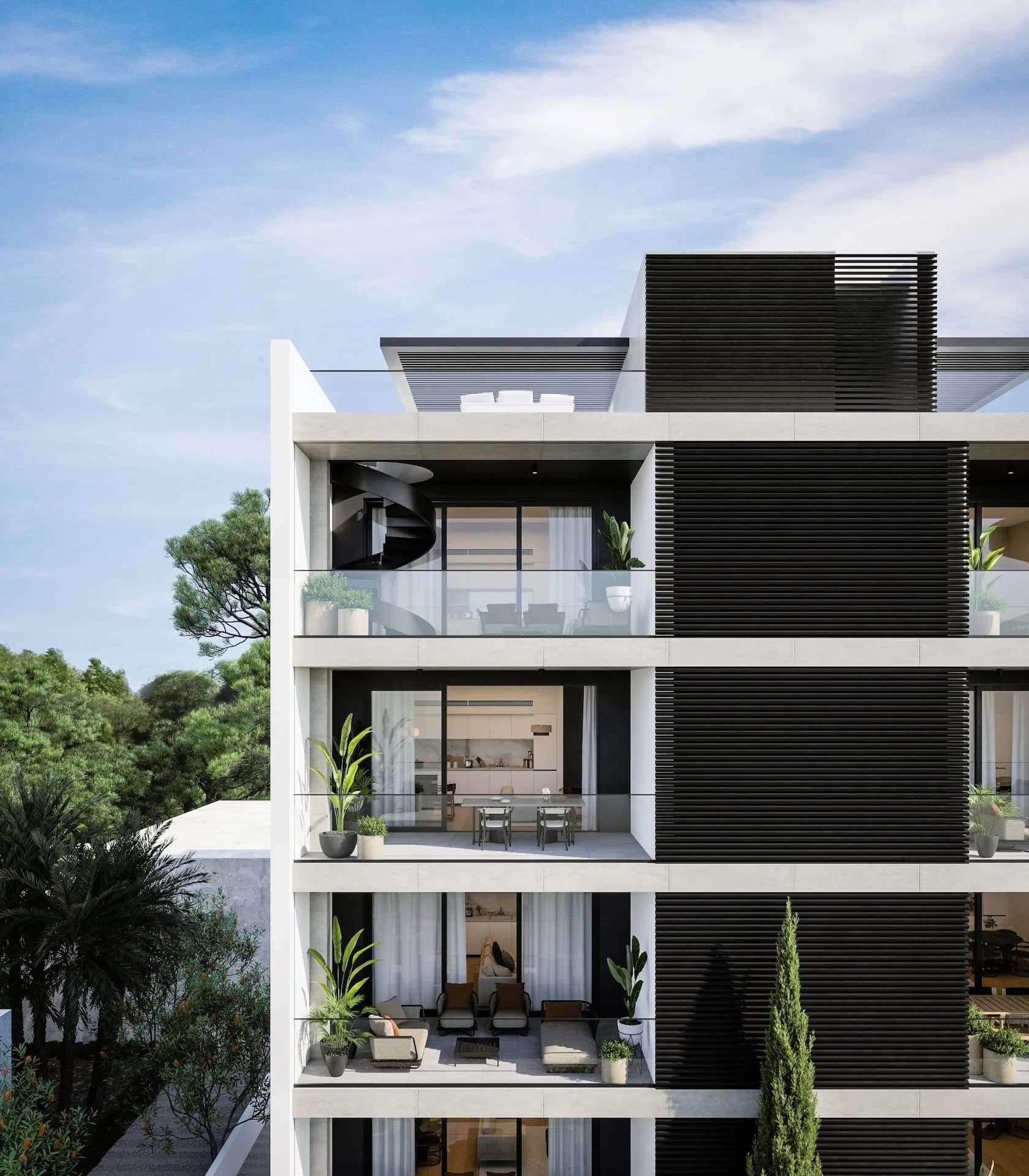 SHANES balconies with a spiral stair up to the roof garden, framed by dark slatted screens