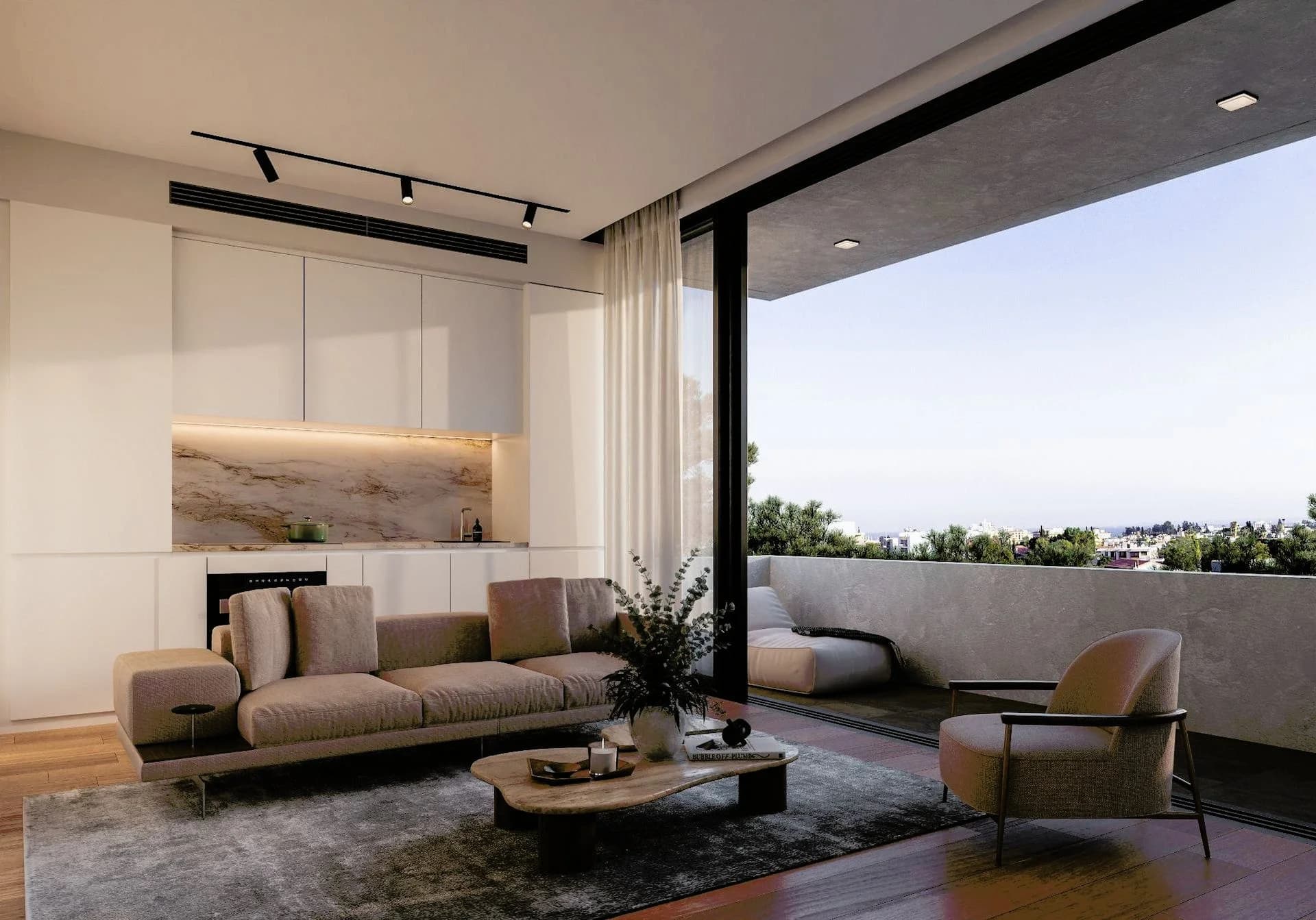 SOL living room with a marble-backed kitchen and glass doors onto a terrace