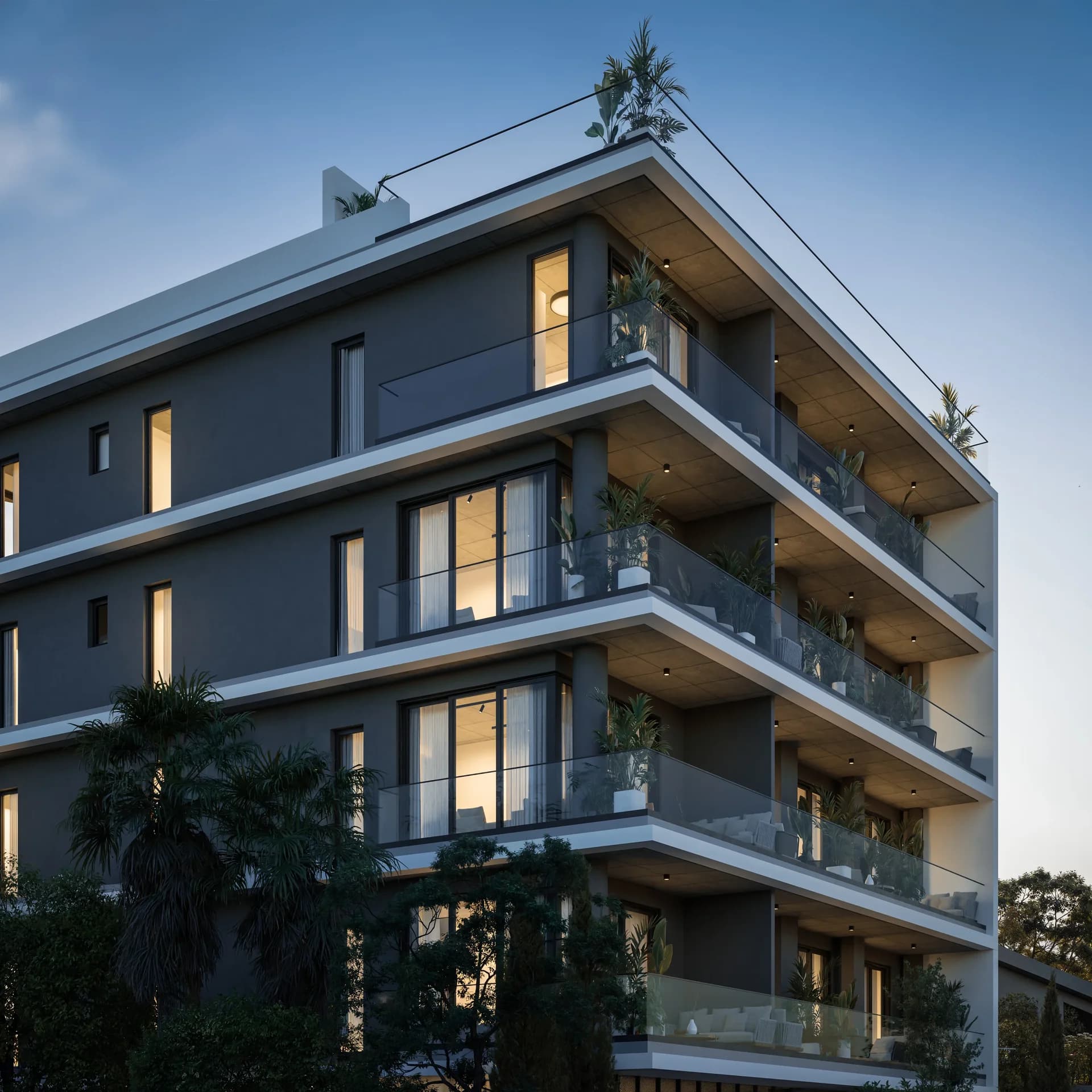 SOLEA's dark facade with deep balconies and glass railings