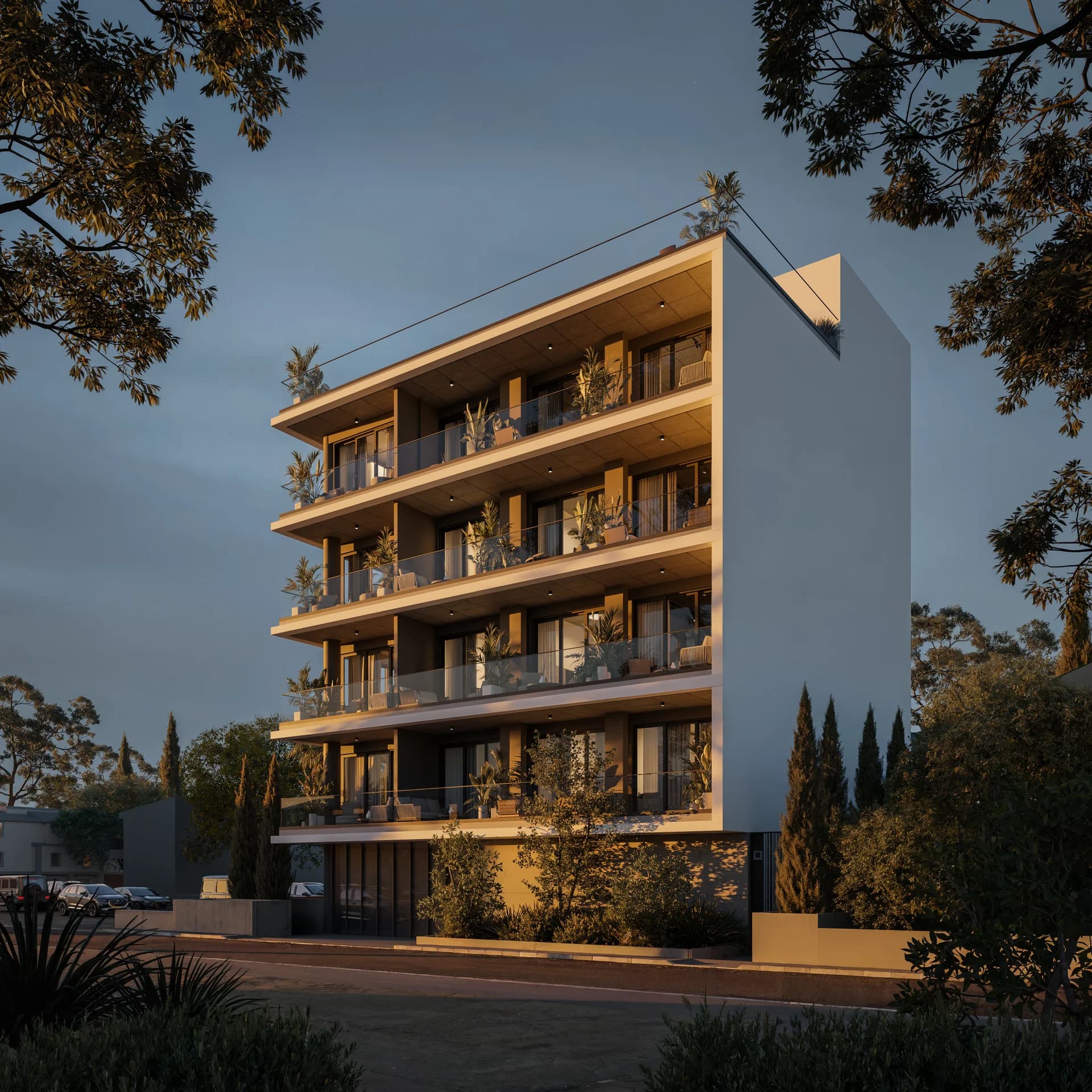 SOLEA at dusk, timber-lined balconies glowing among trees