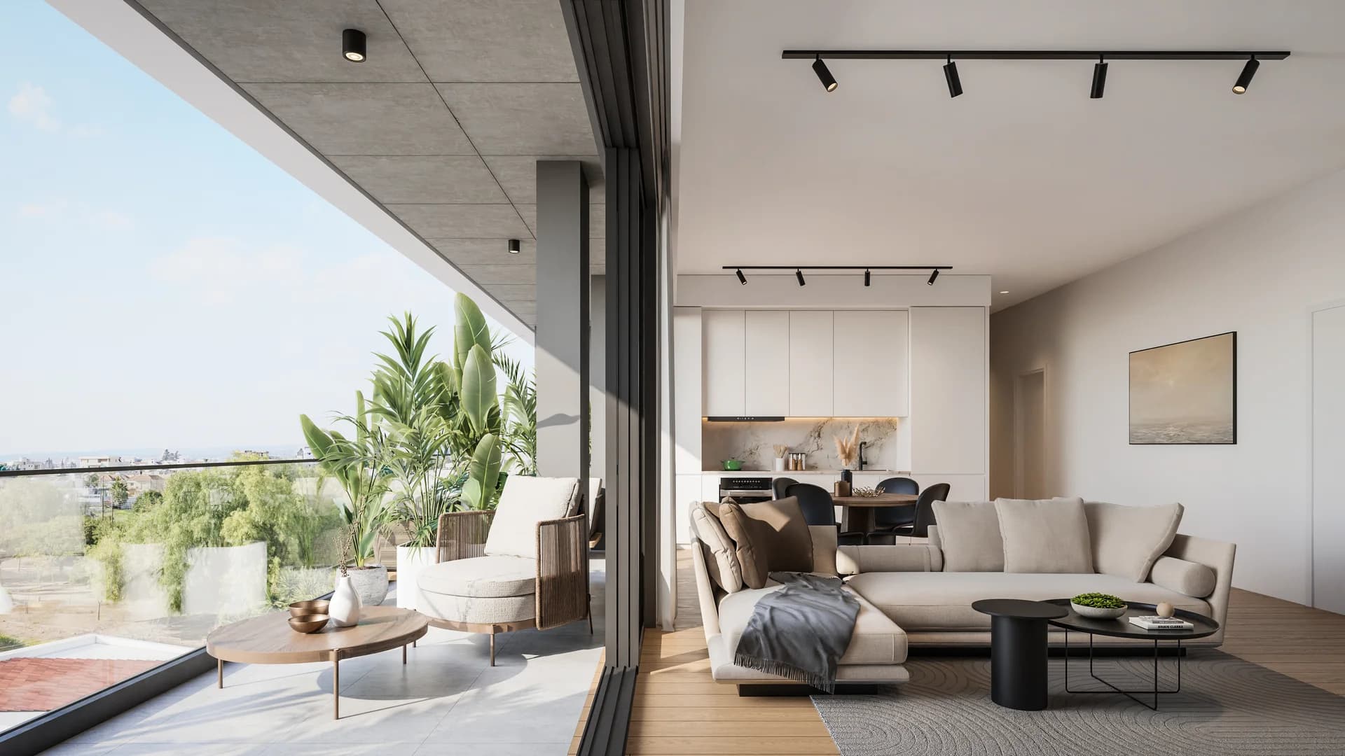 SOLEA living room opening onto a wide balcony with trees beyond