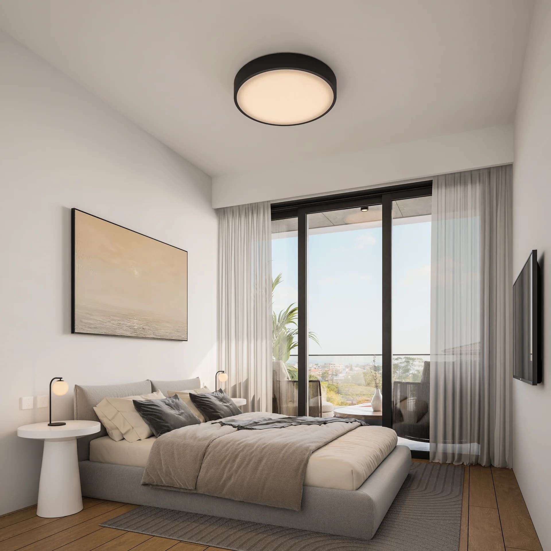 SOLEA bedroom with full-height glass doors and sheer curtains