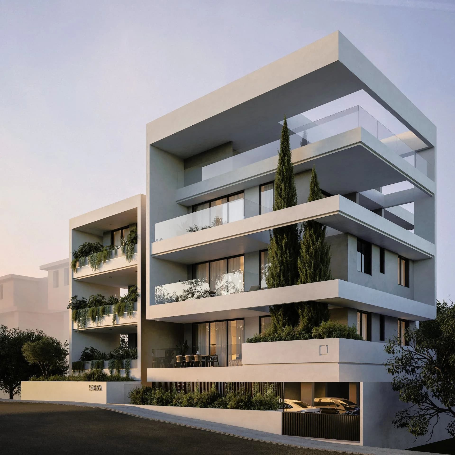 SORA's white balconies with glass railings and cascading plants beside a cypress