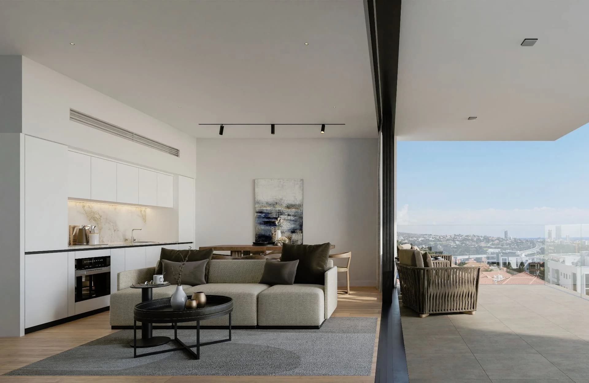 SORA living room opening onto a terrace with views over Limassol
