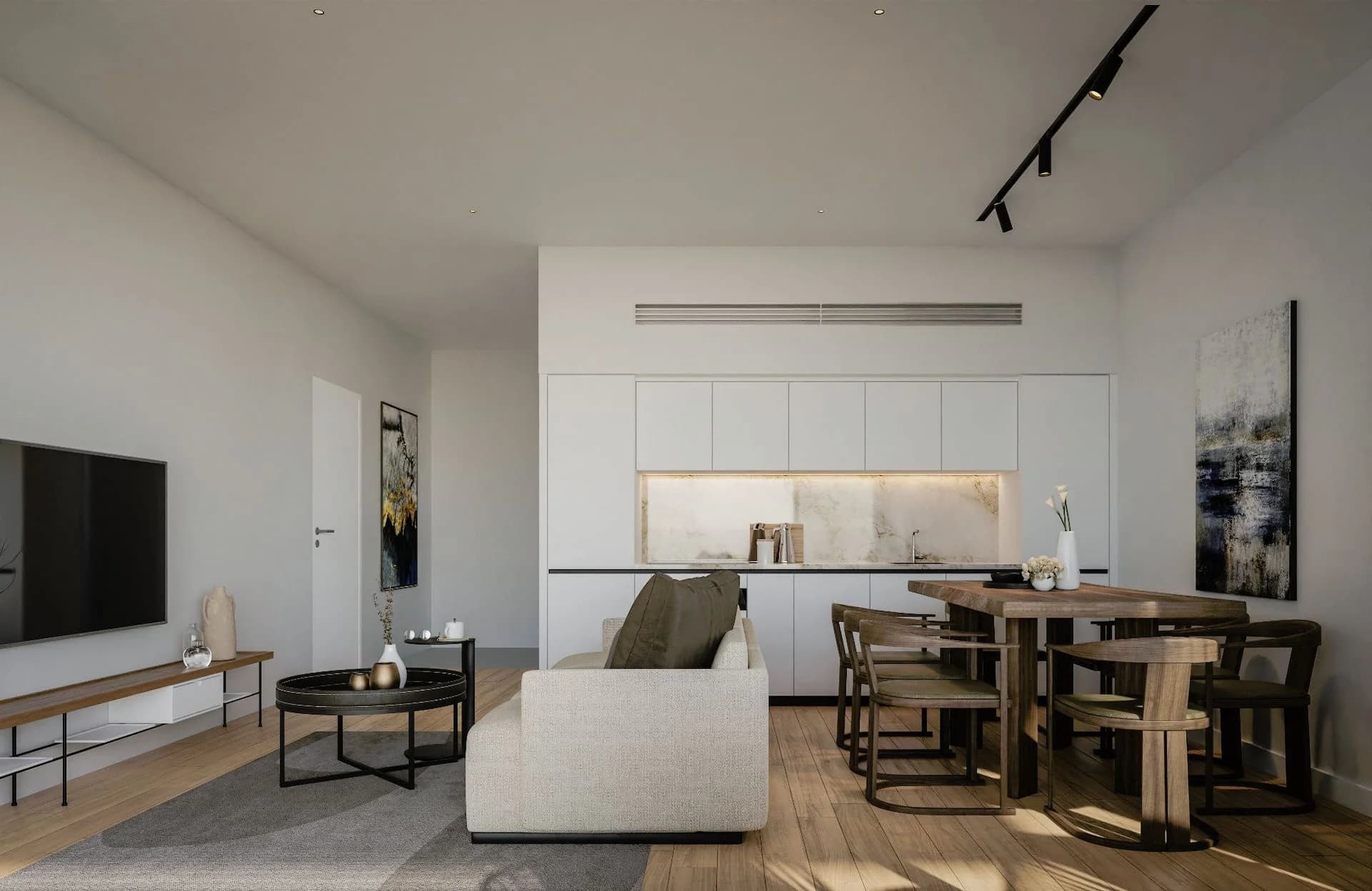 SORA open-plan living and dining room with a white kitchen
