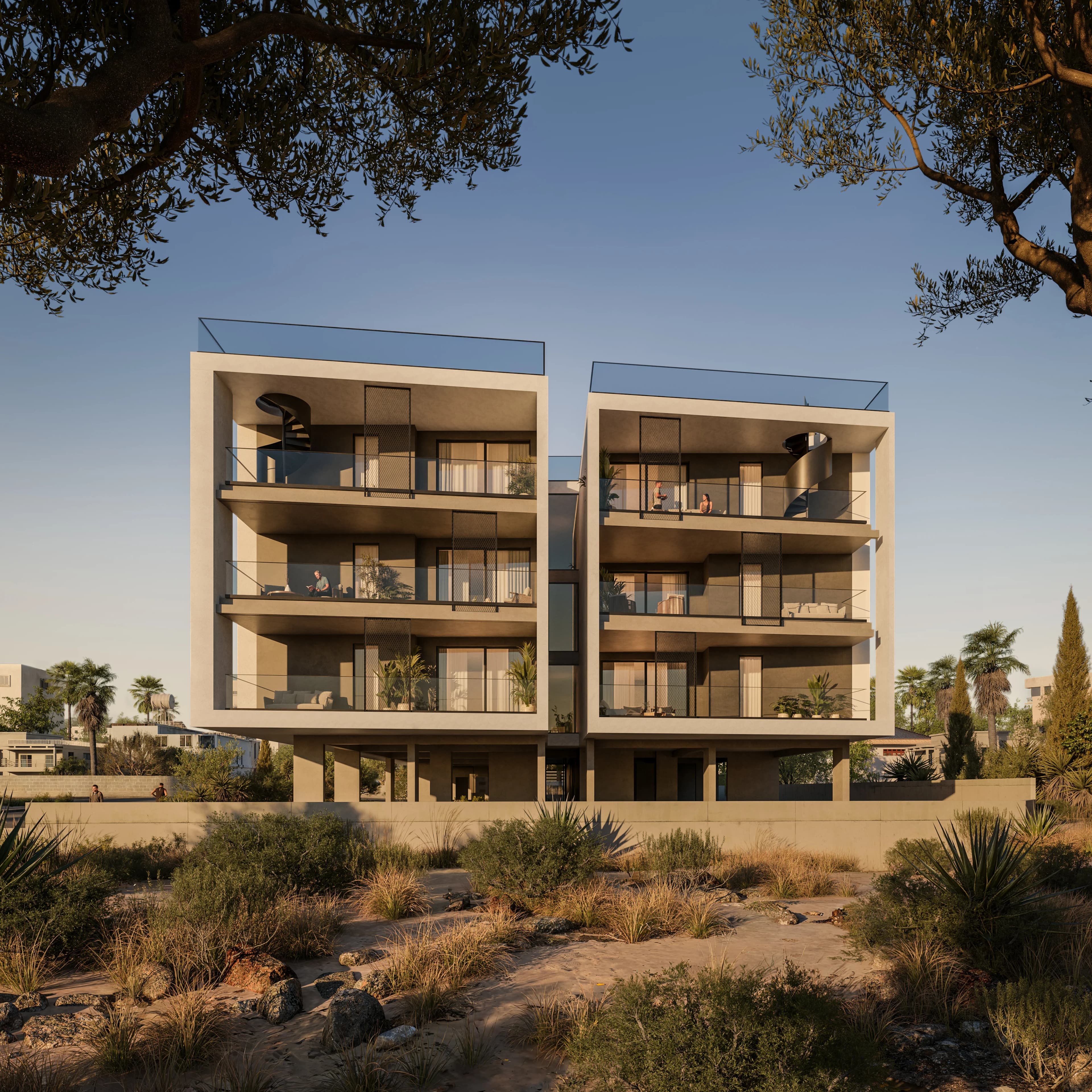 LYNEA's two balconied blocks with spiral stairs up to the roof gardens