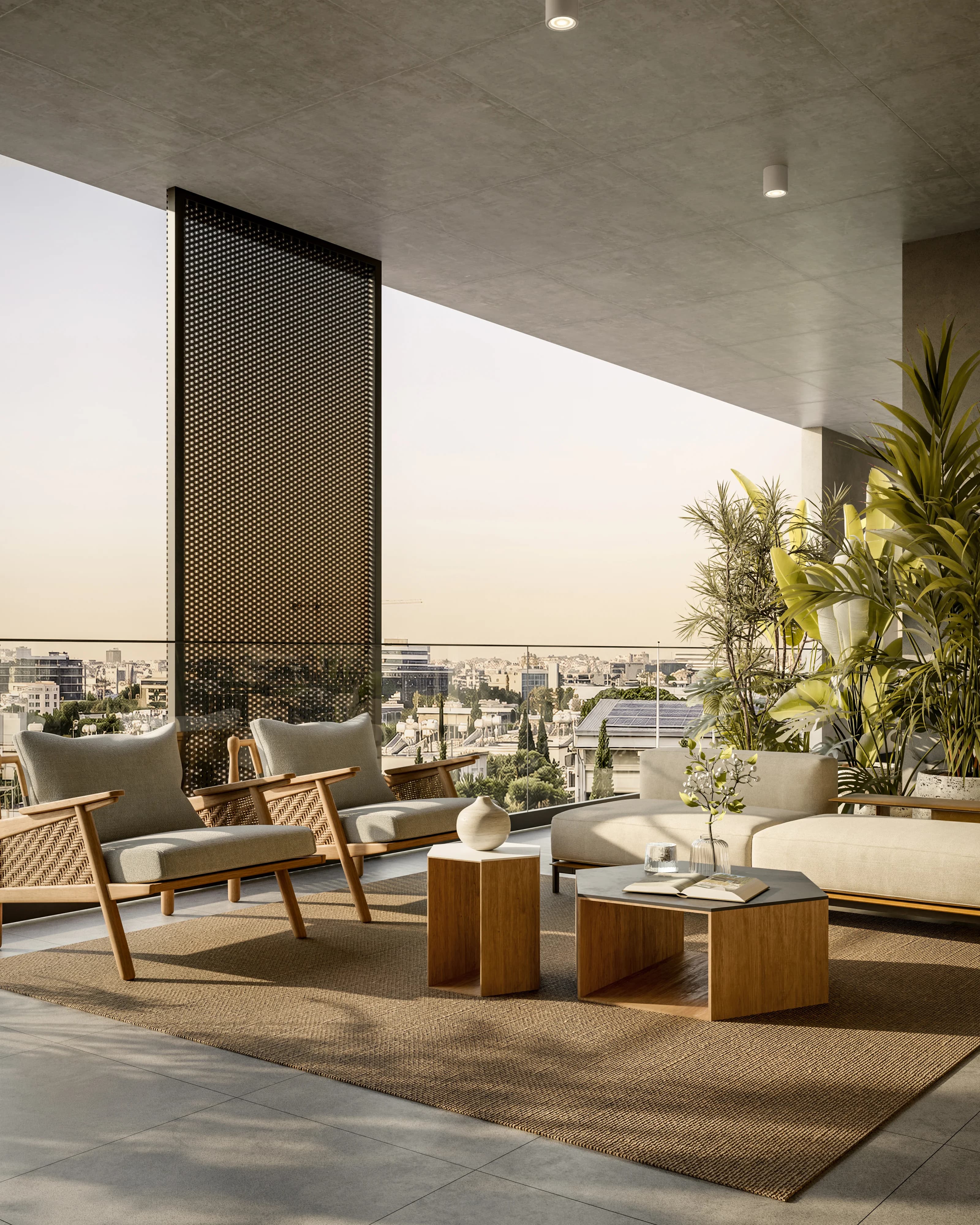 LYNEA balcony lounge behind a perforated screen, overlooking the city