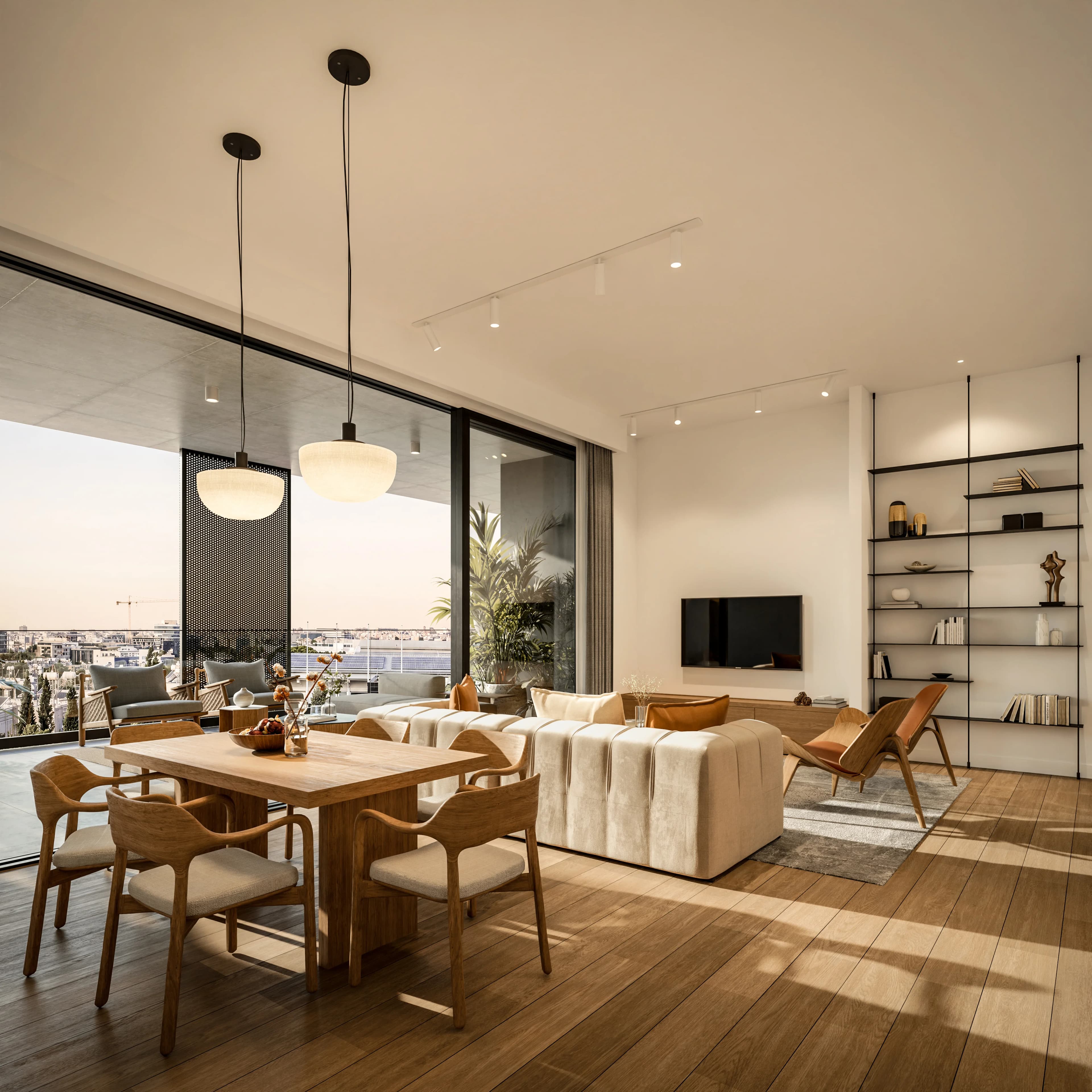 LYNEA living and dining room opening onto a balcony with views over Limassol