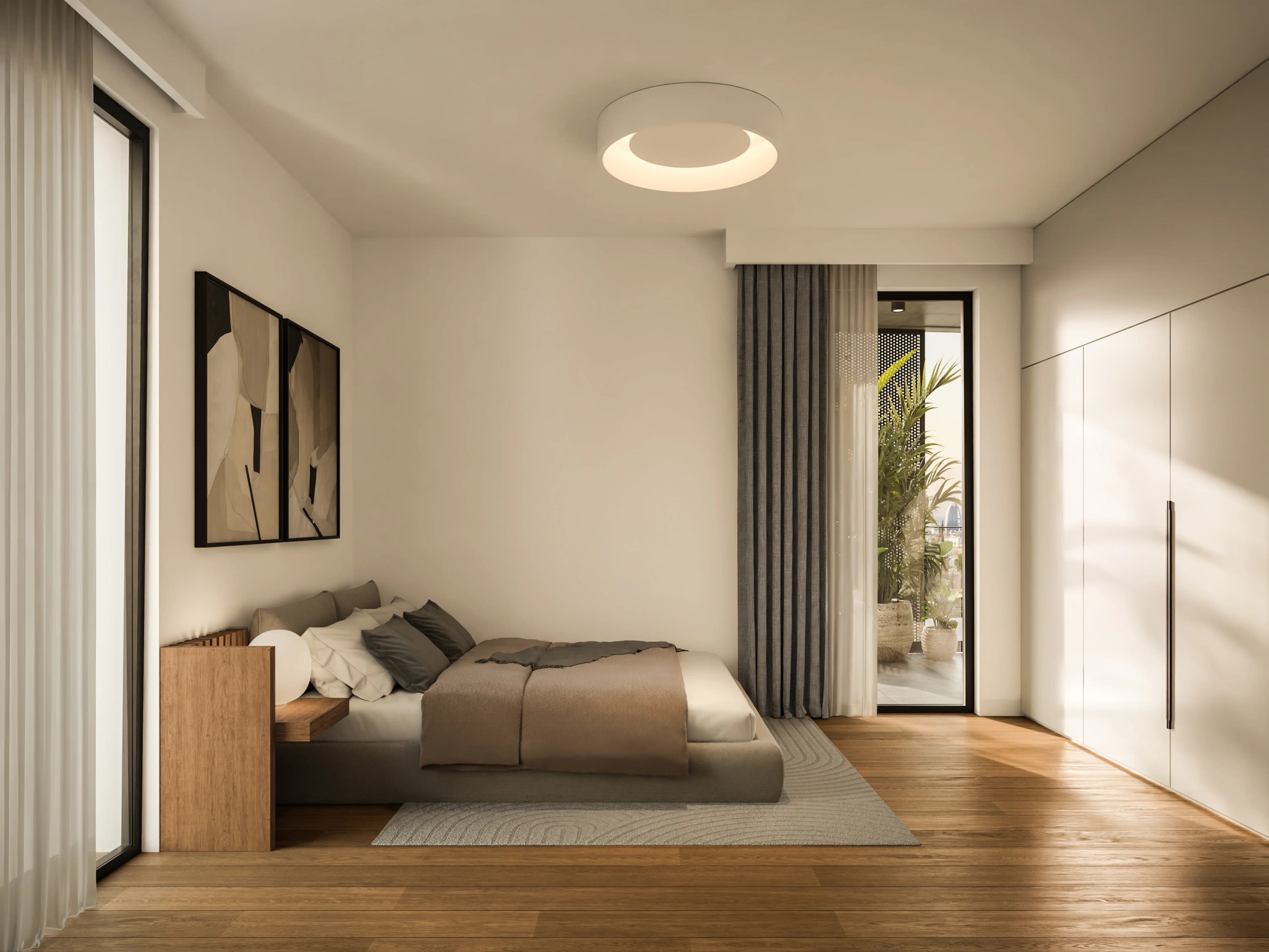 LYNEA bedroom with a low bed, linen curtains and a balcony door