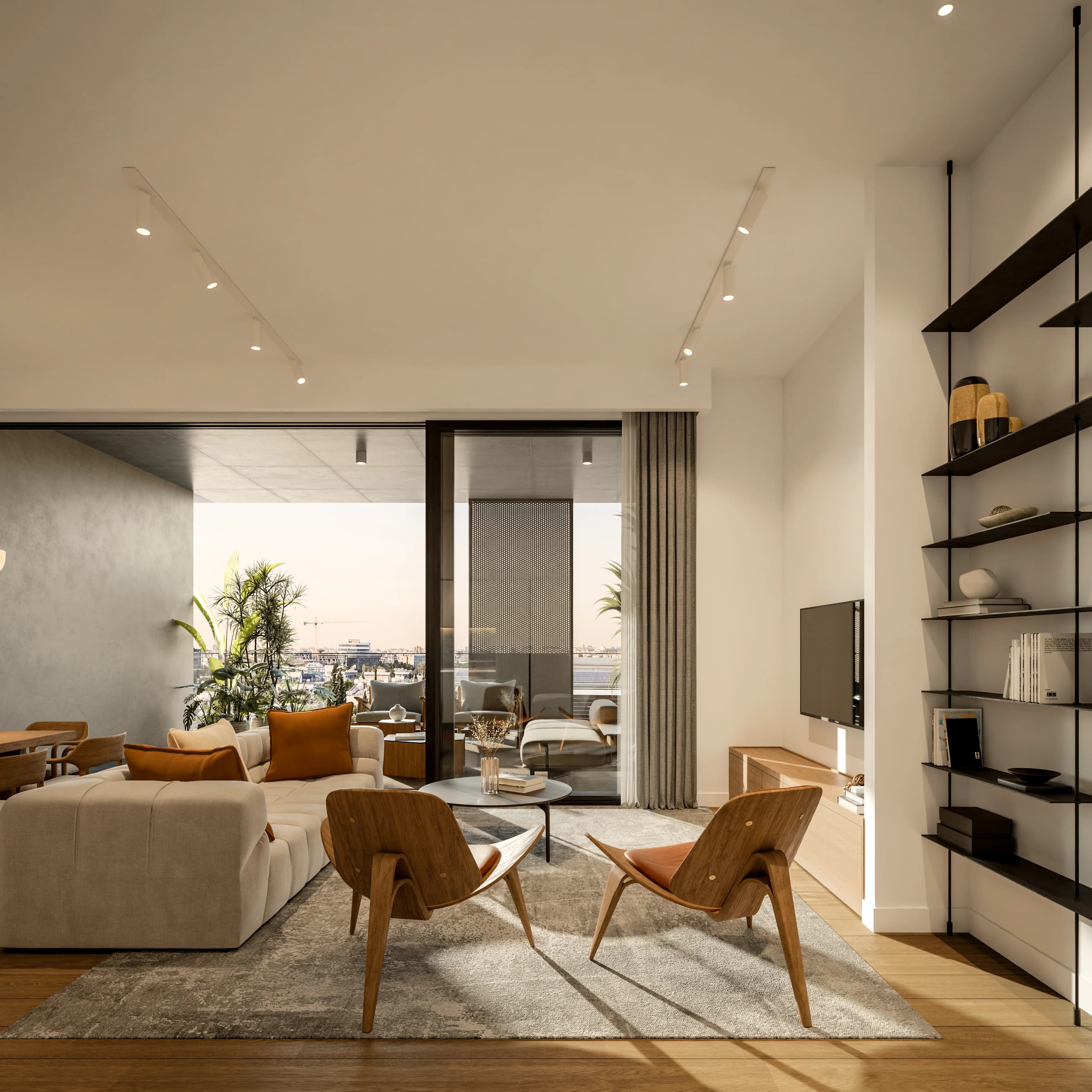 LYNEA living room with a curved sofa, open shelving and balcony doors
