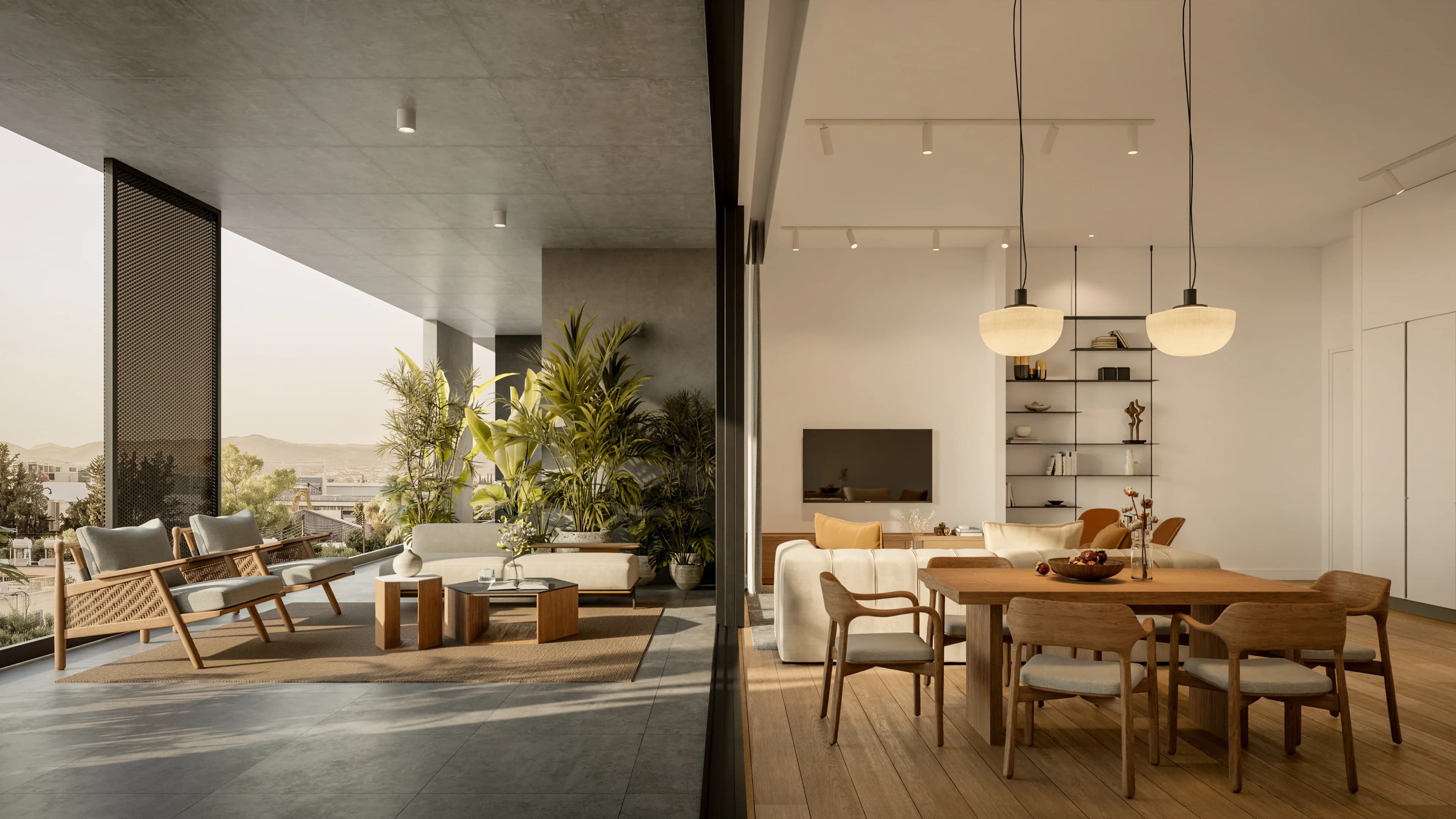 Open-plan LYNEA living and dining area beside a shaded balcony