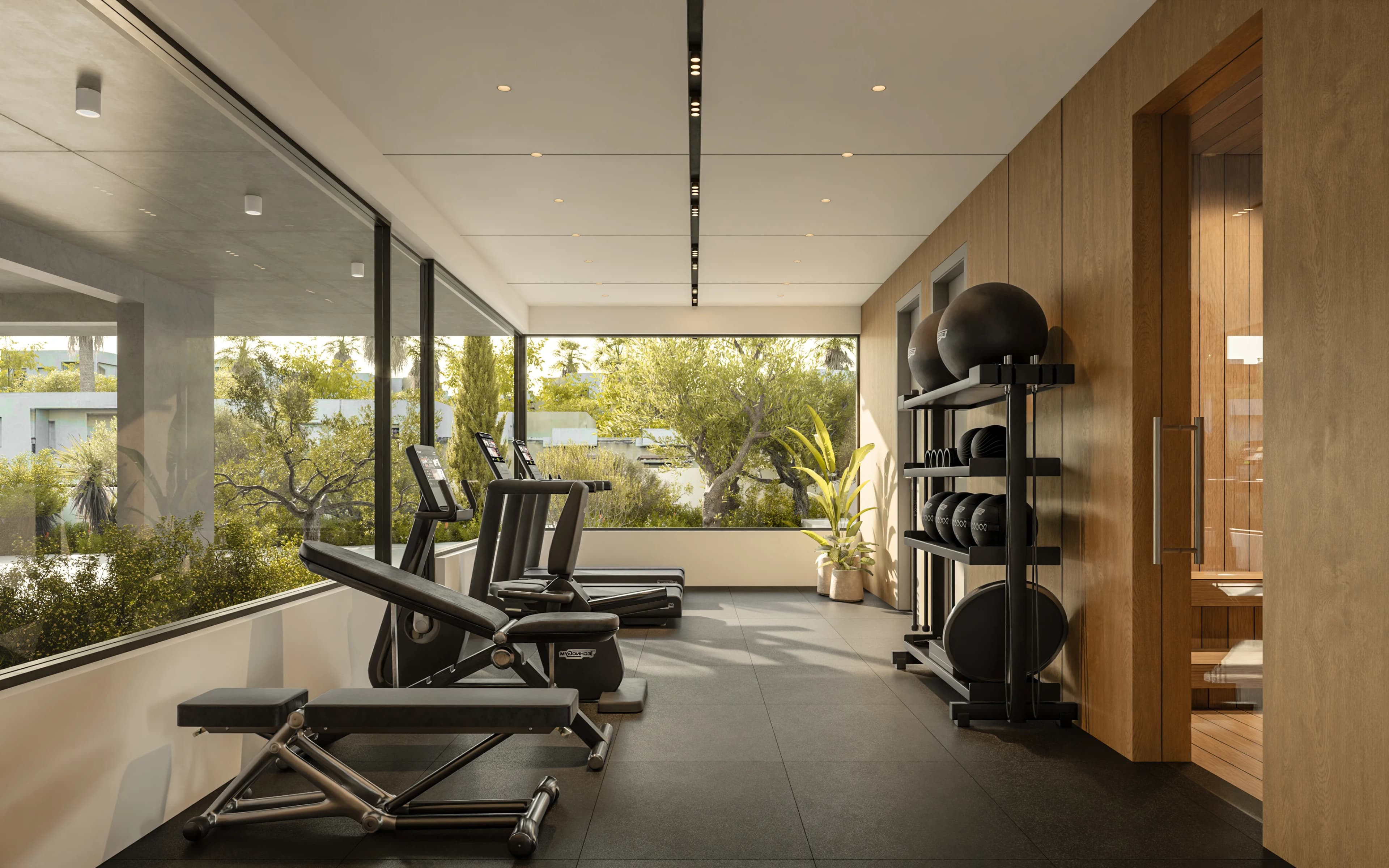 LYNEA gym with weights and cardio machines facing the trees