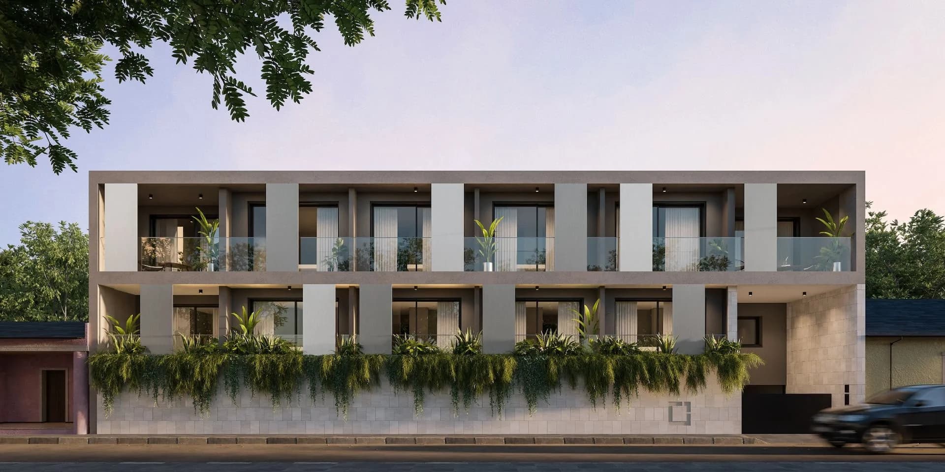 STAY3's two-storey facade with balconies and cascading planters