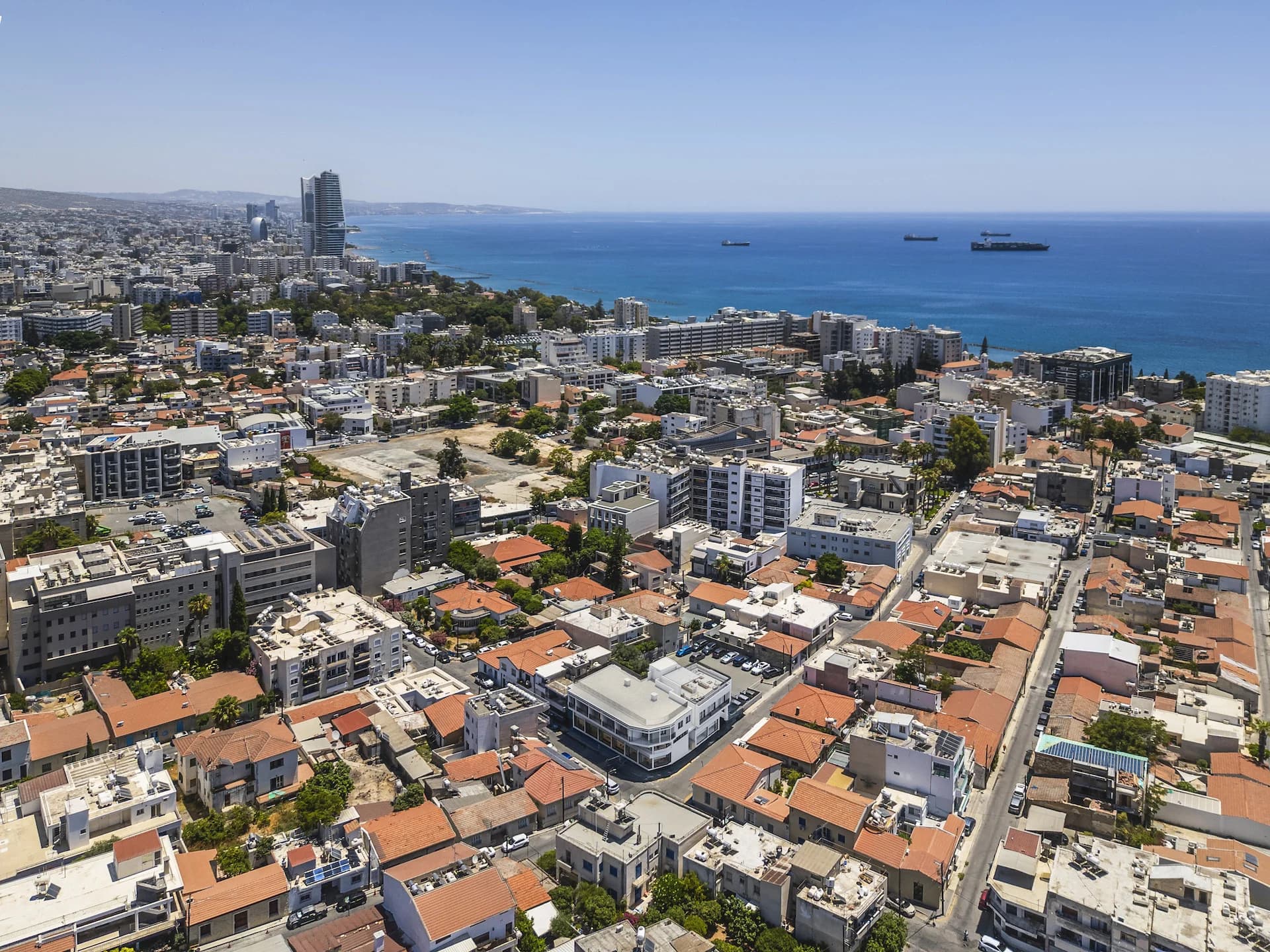 Aerial view of Limassol's Historical Centre around STAY 4, running down to the sea