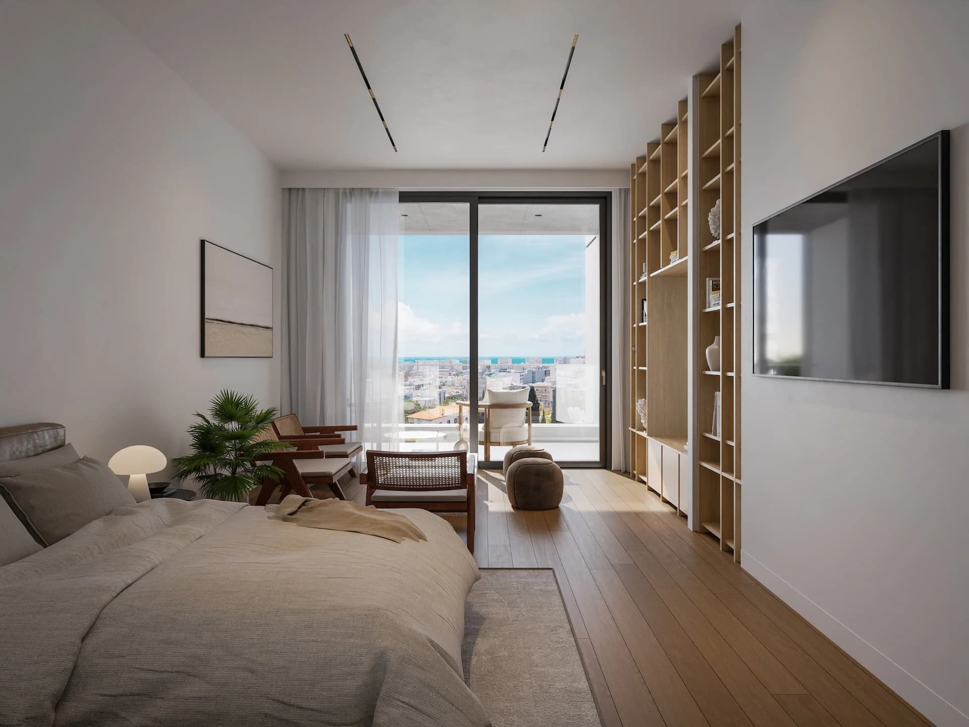 THE COLLECTION bedroom with built-in oak shelving and a balcony door
