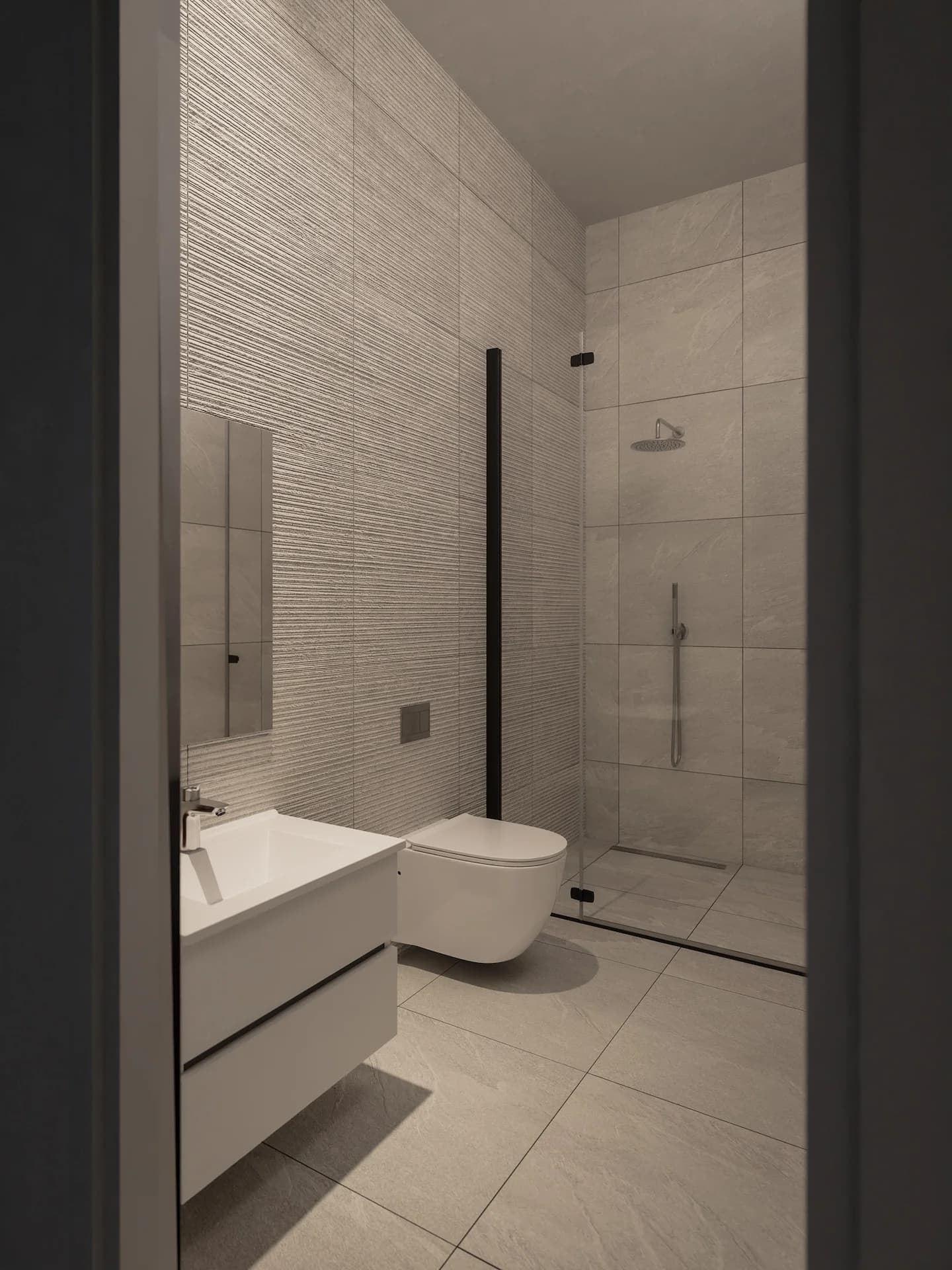 THE COLLECTION shower room with stone-look tiles and a rainfall shower