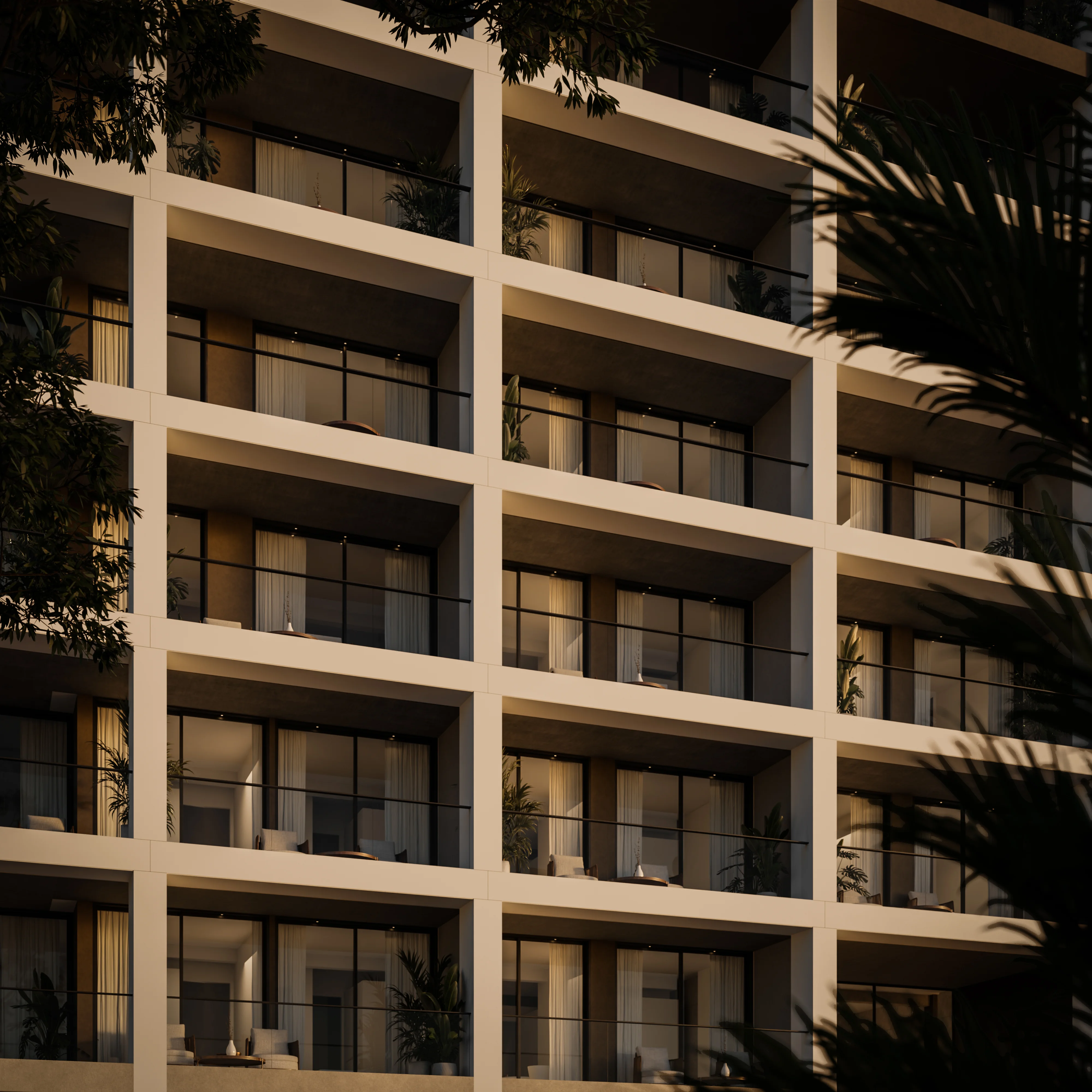 Warm stone grid of THE DOCKS' balconies with floor-to-ceiling glass