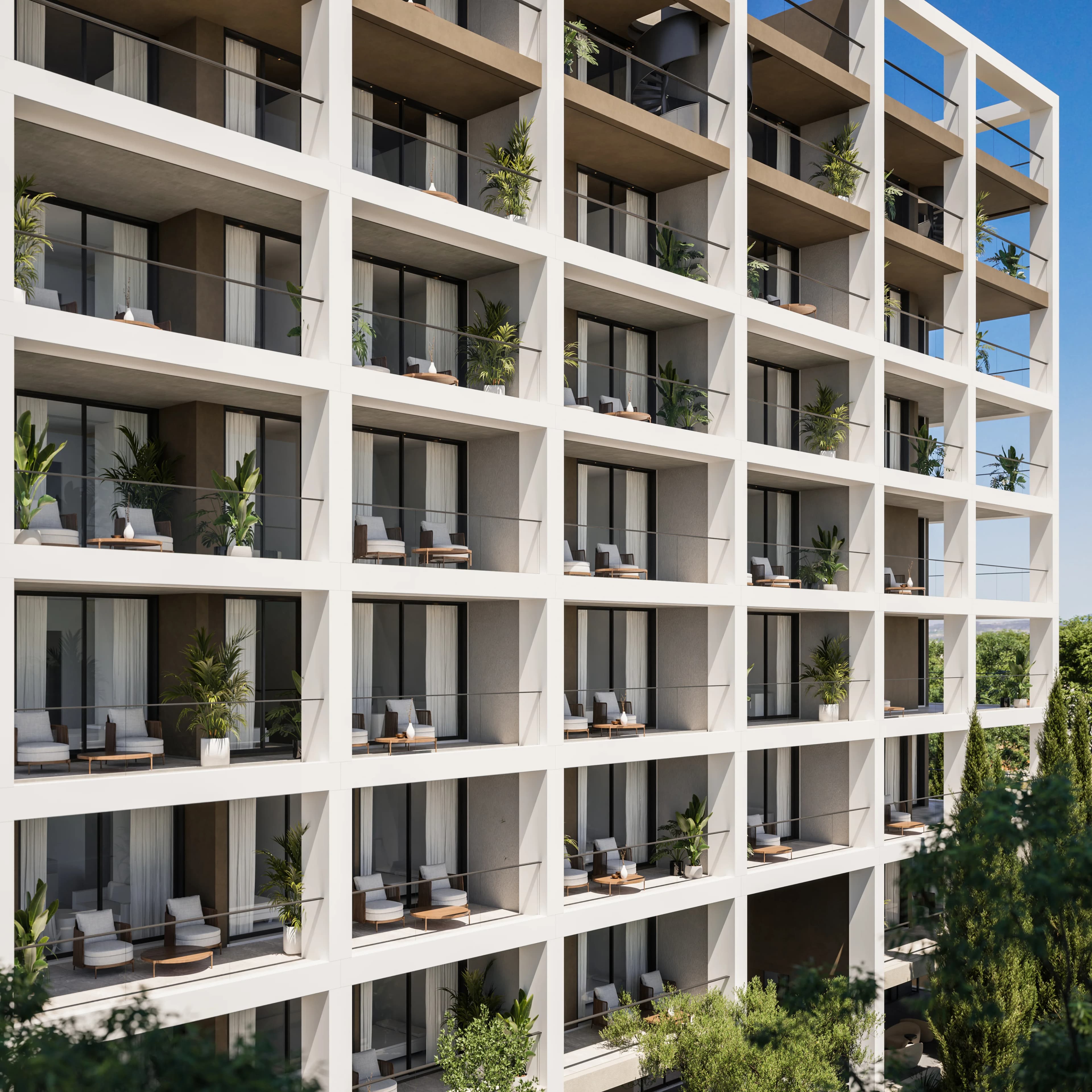 White balcony grid of THE DOCKS with lounge chairs and potted plants