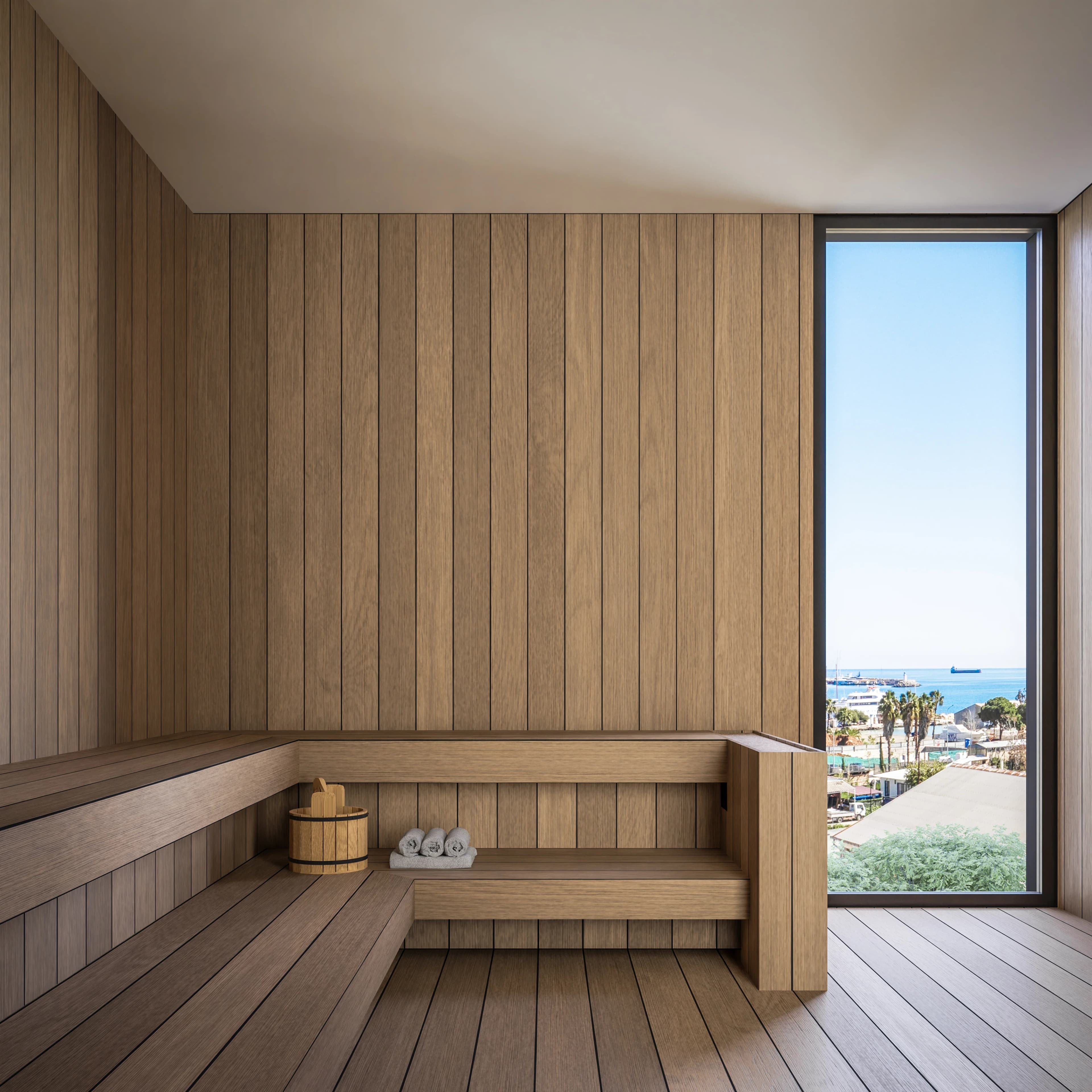 Timber-lined sauna at THE DOCKS with a window onto the marina