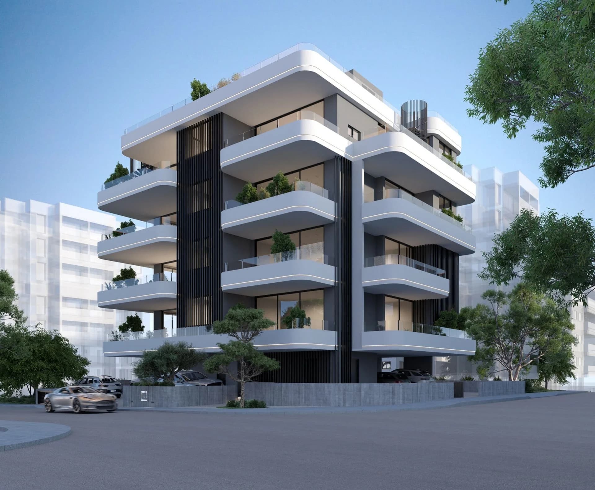 UKIYO's curved white balconies with planting, beside a dark slatted stair tower