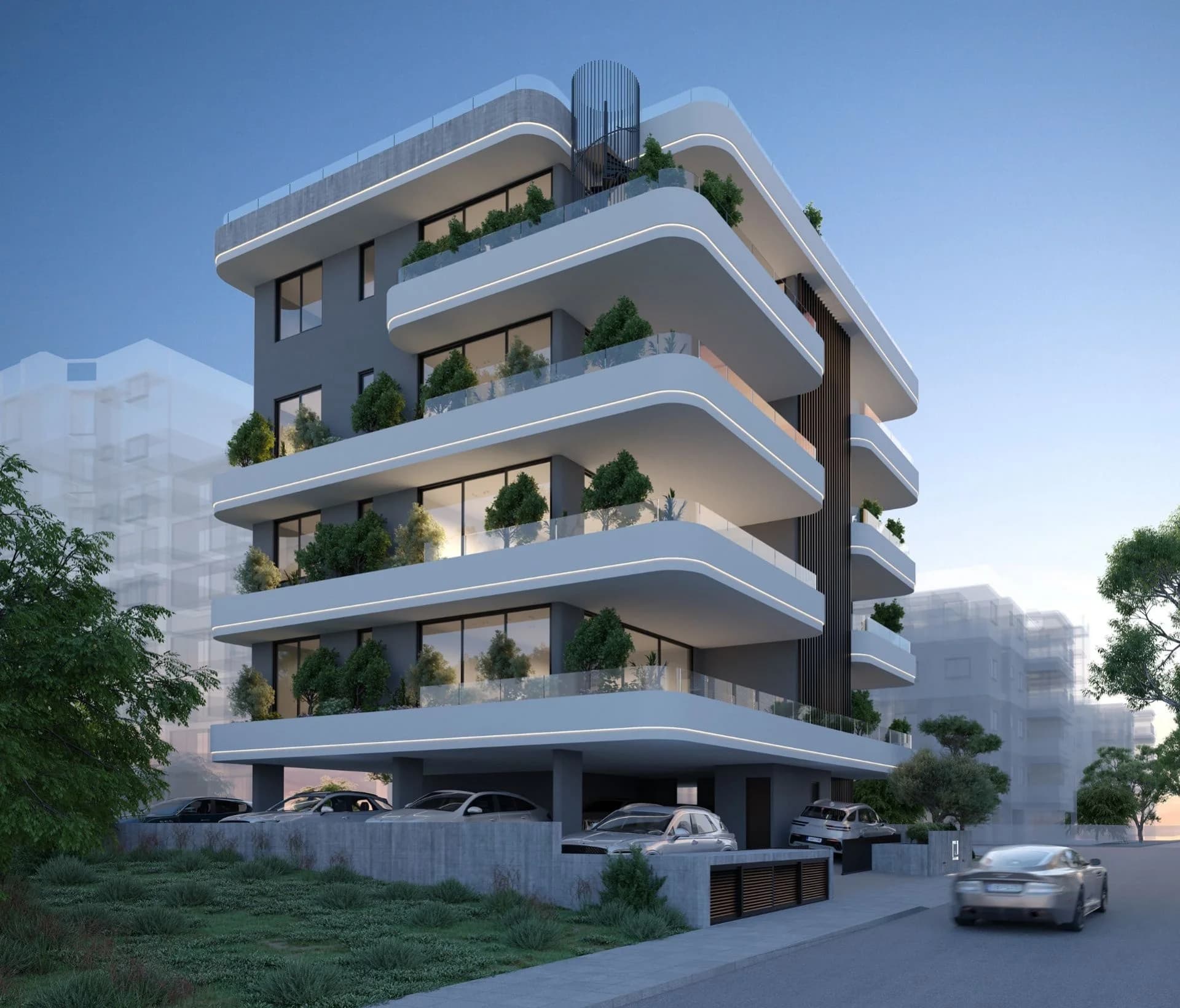 UKIYO's corner with planted curved balconies at dusk
