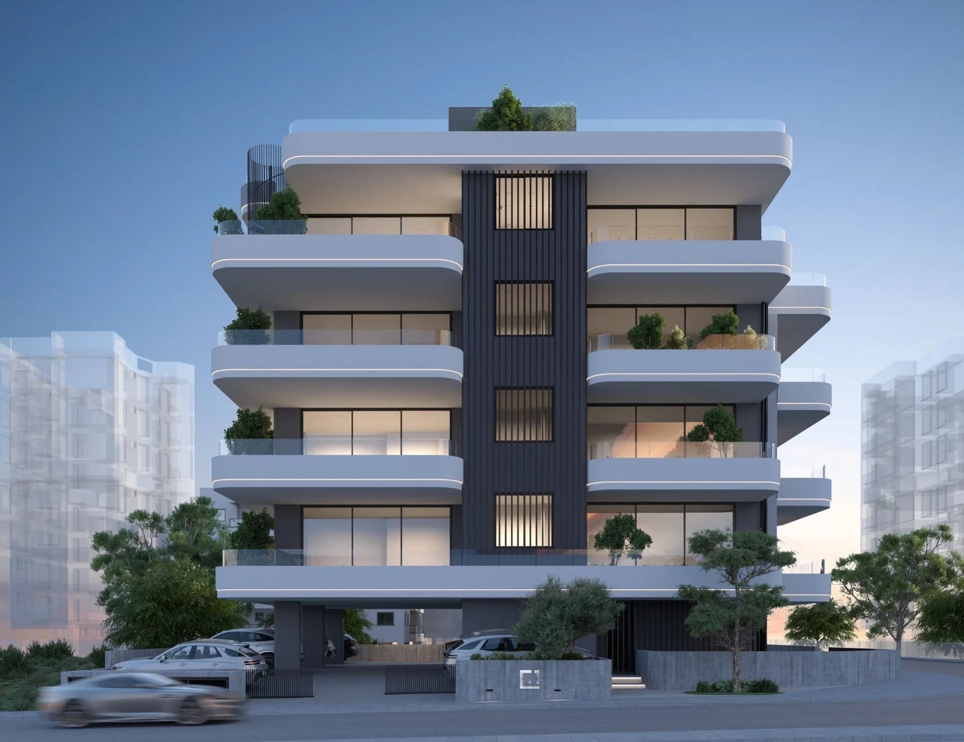UKIYO's rounded balconies stacked either side of the stair tower