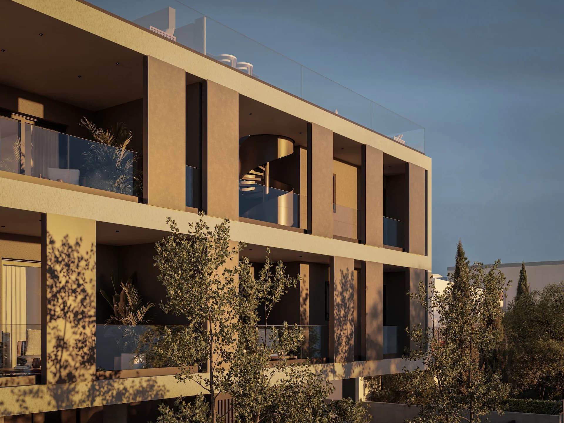 ZAYA's warm-lit facade with timber-toned frames and young trees
