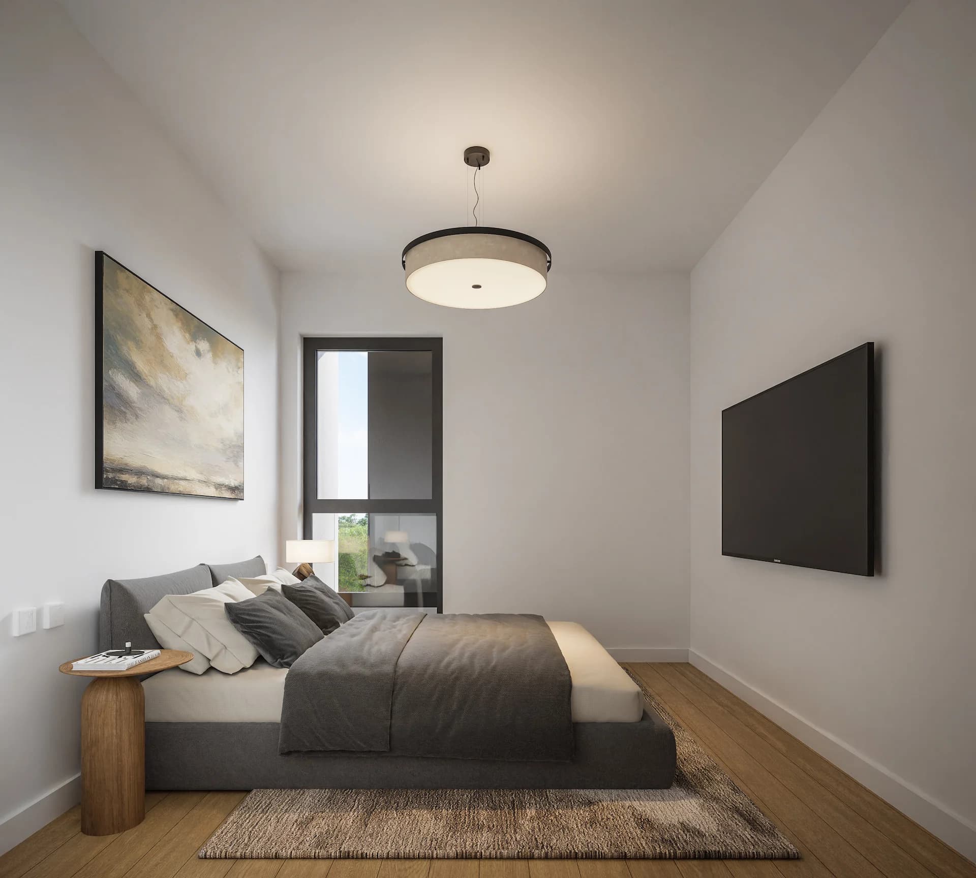 ZAYA bedroom with a pendant light and a cloud painting