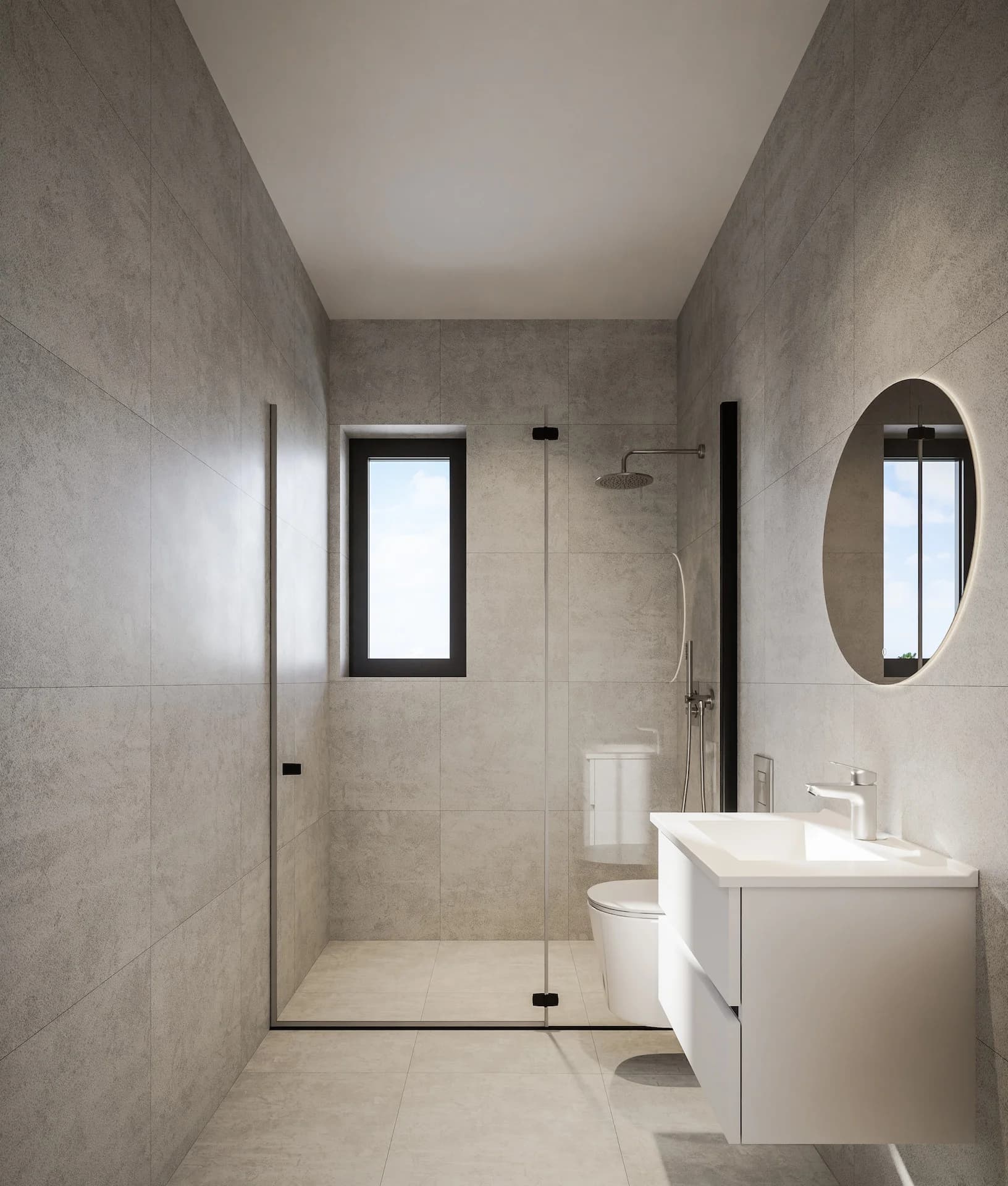 ZAYA shower room with an oval mirror and large-format tiles