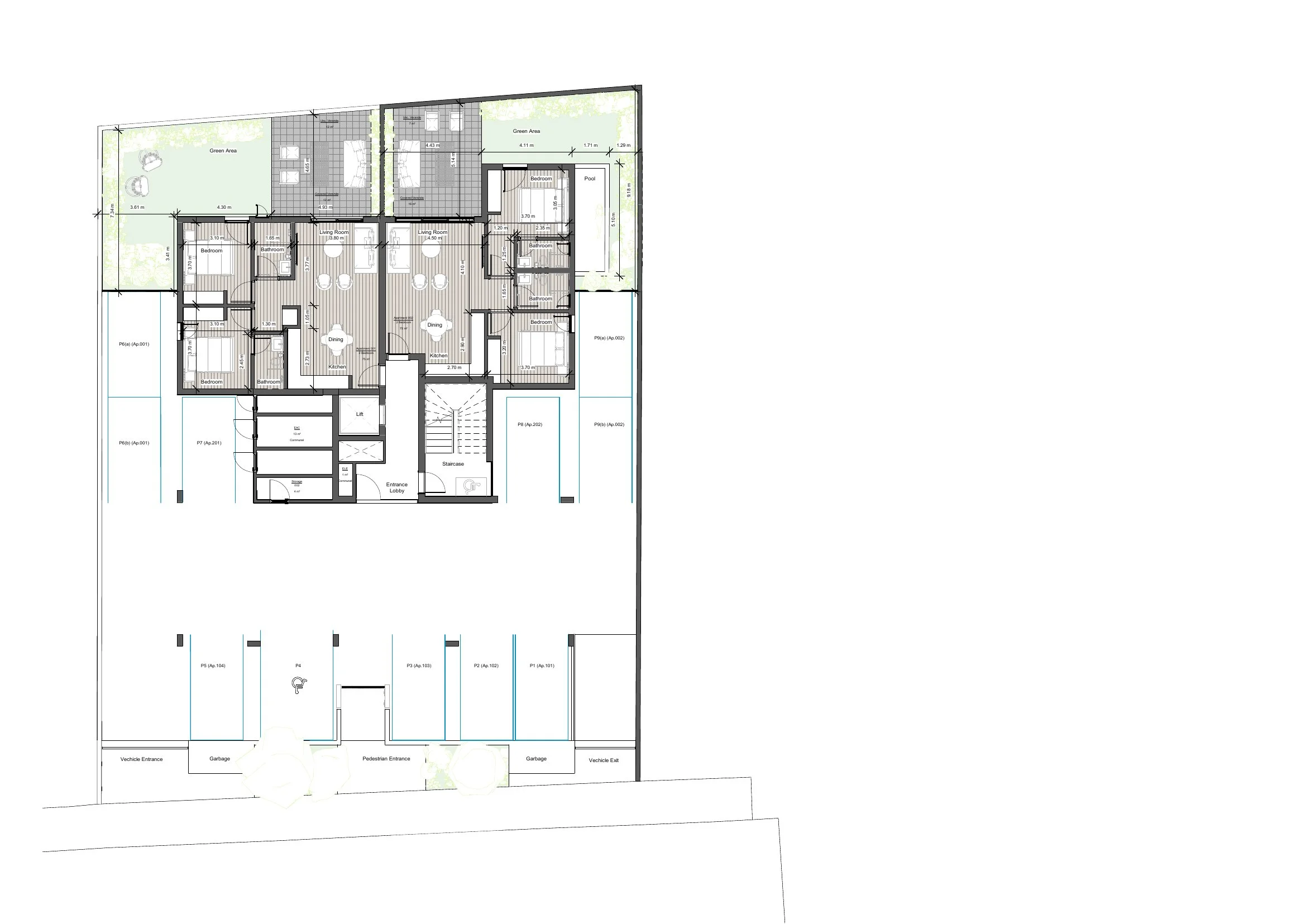 ZAYA RESIDENCES floor plan: Ground Floor Plan Apts 001 002
