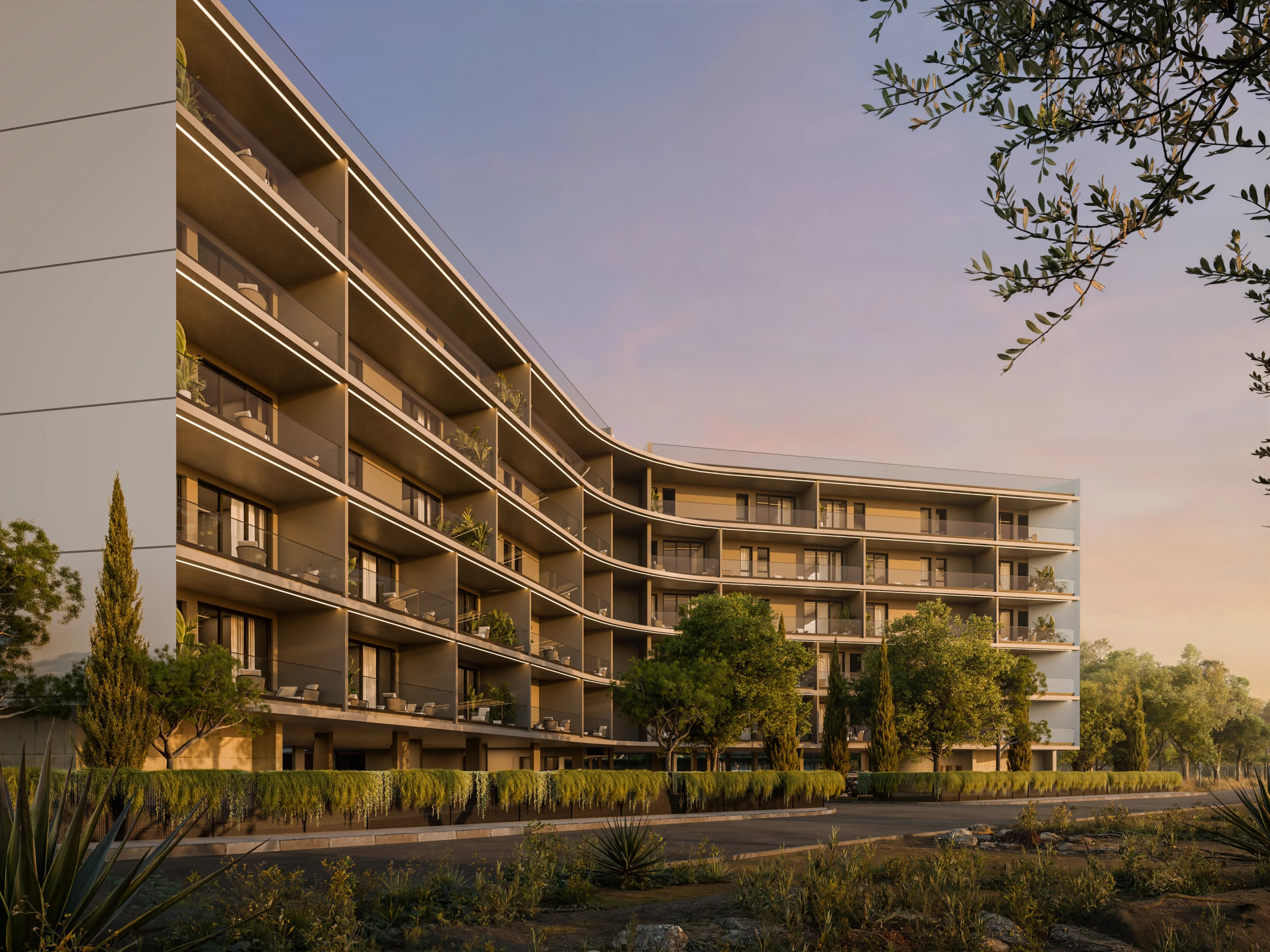 A ZOIA block curving away from the street at dusk, with planted balconies and cypress trees along the front
