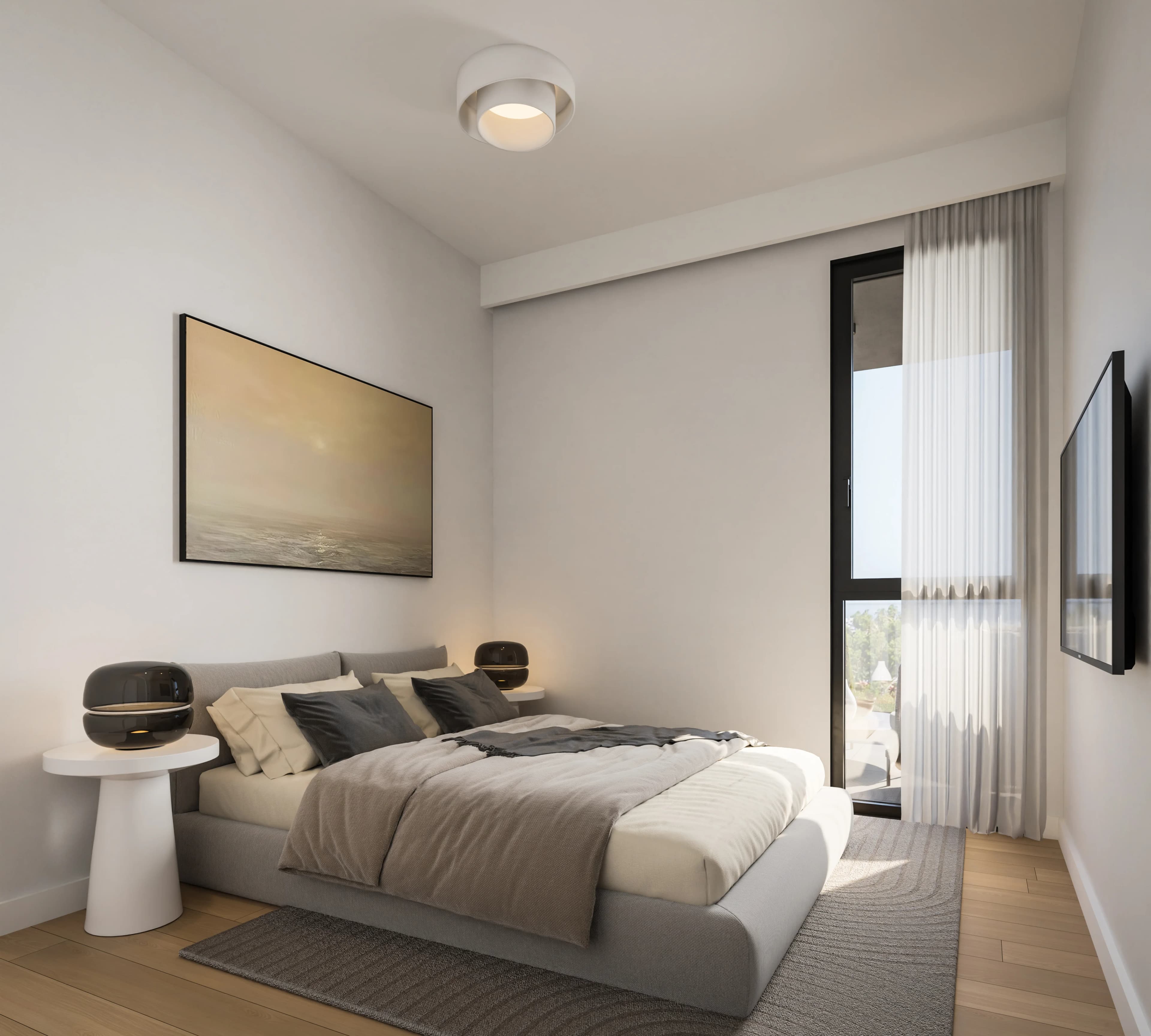 Calm ZOIA bedroom with a large artwork and a tall window