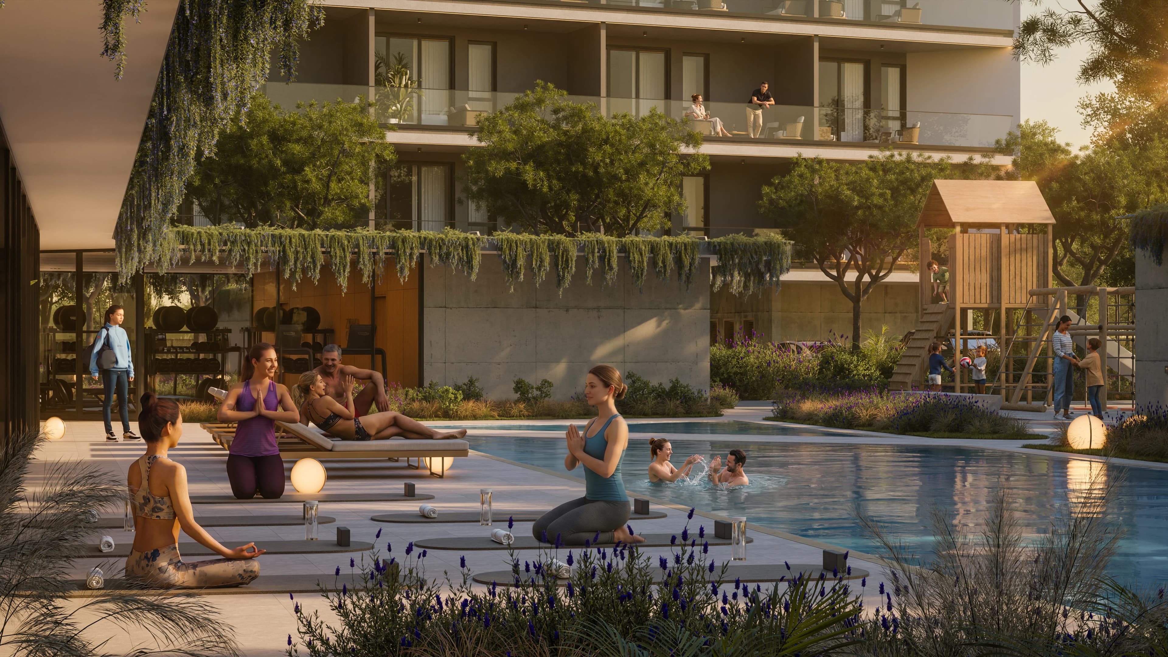 Yoga by ZOIA's pool in the evening, the blocks behind
