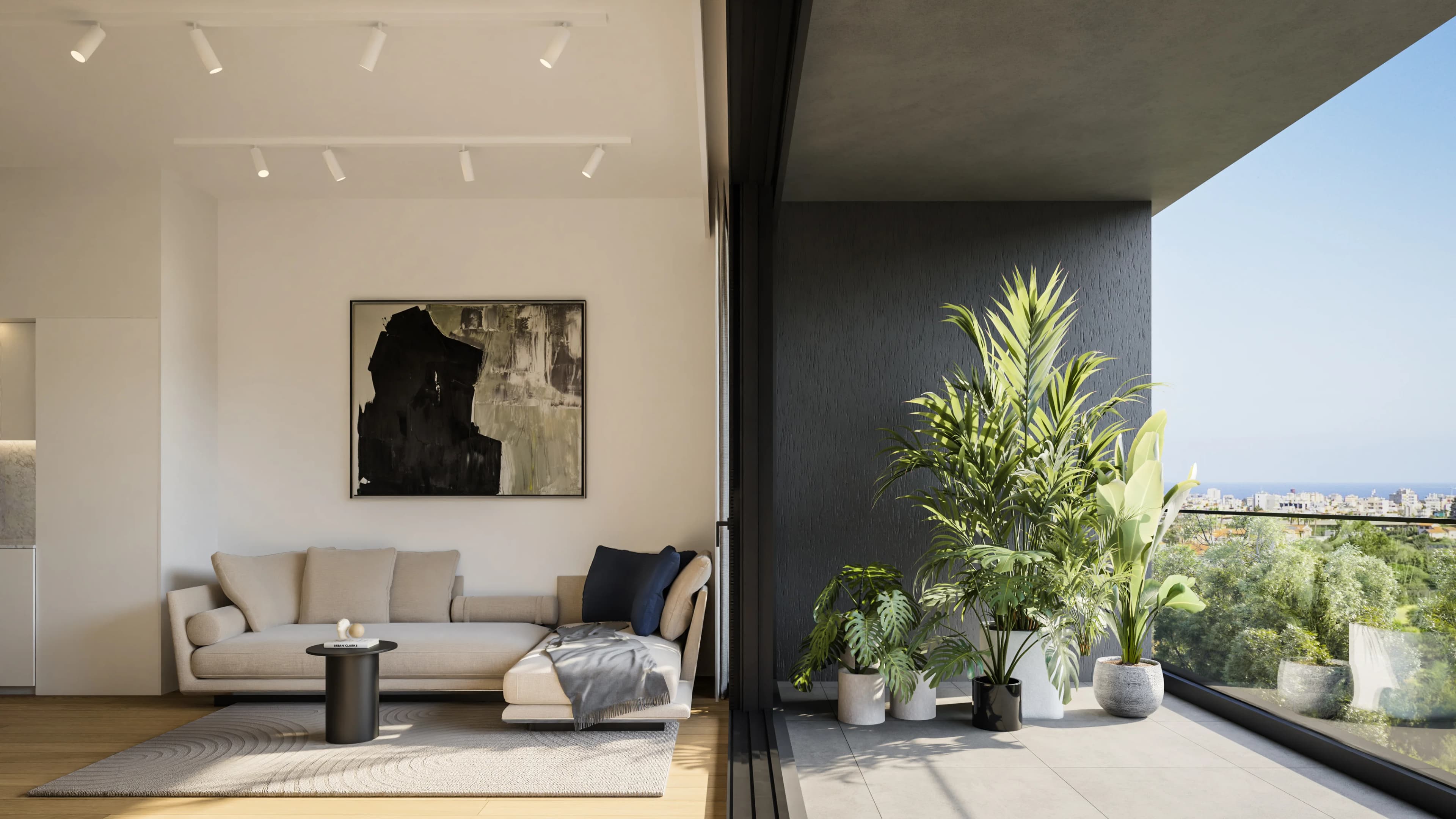 ZOIA living room opening onto a planted balcony with city views
