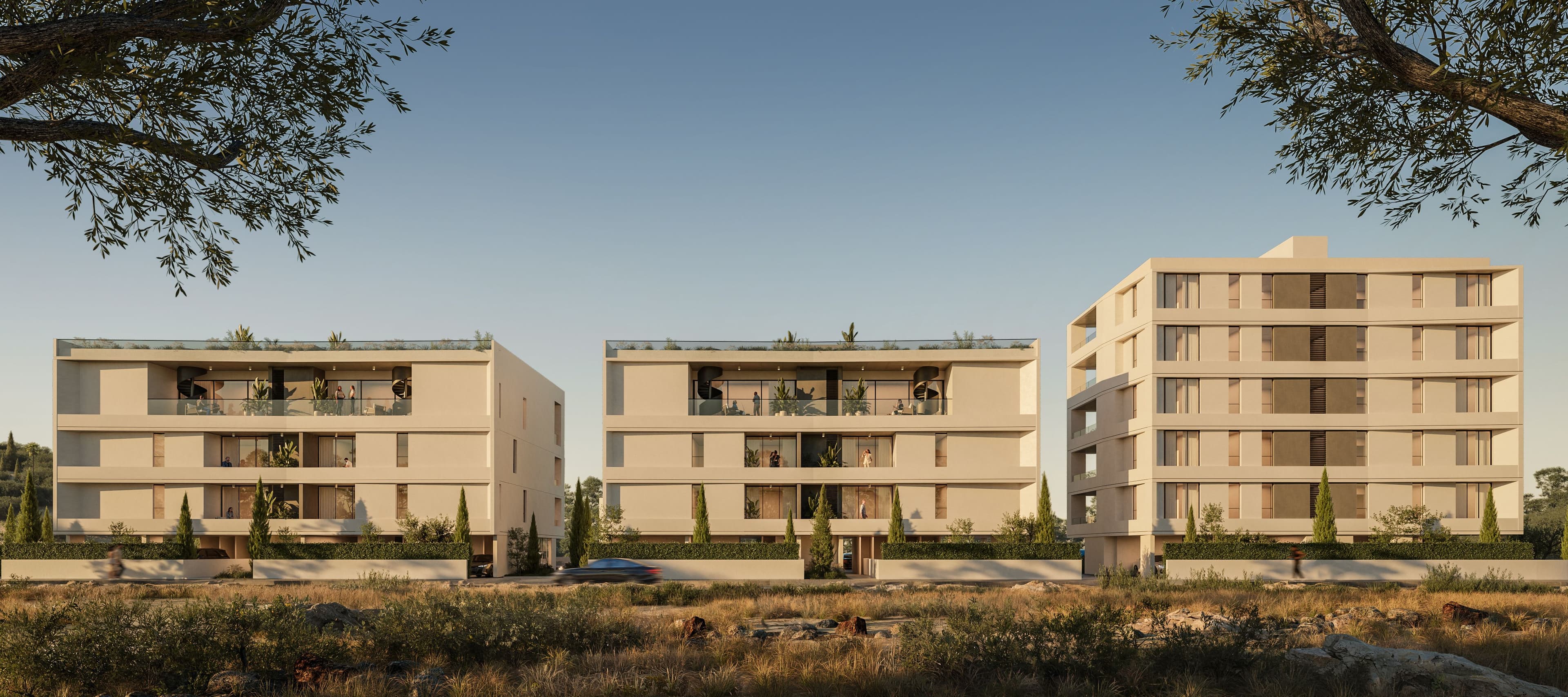 Three ARYA blocks seen from across the street in Germasogeia