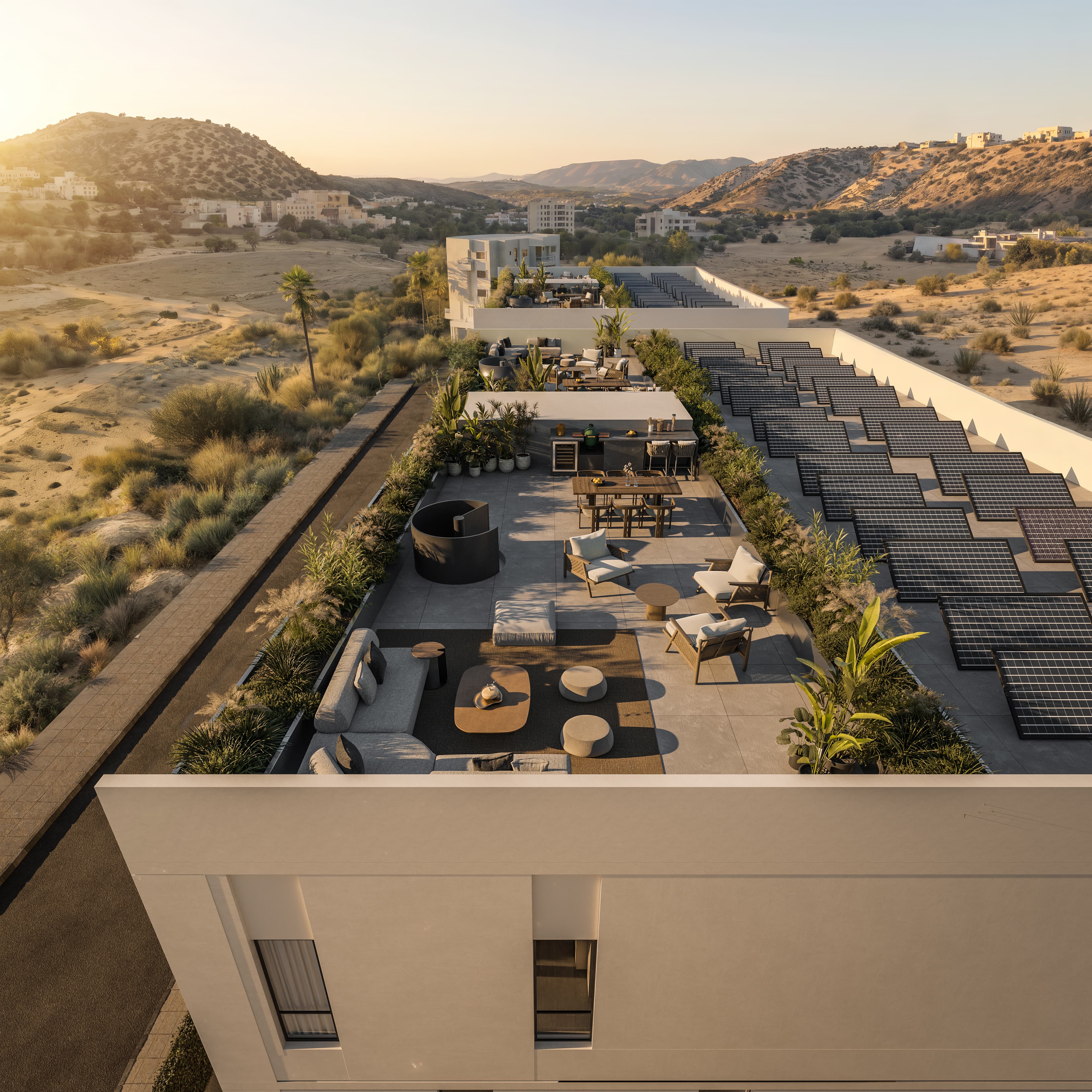 Roof garden with lounge, dining area and solar panels at ARYA
