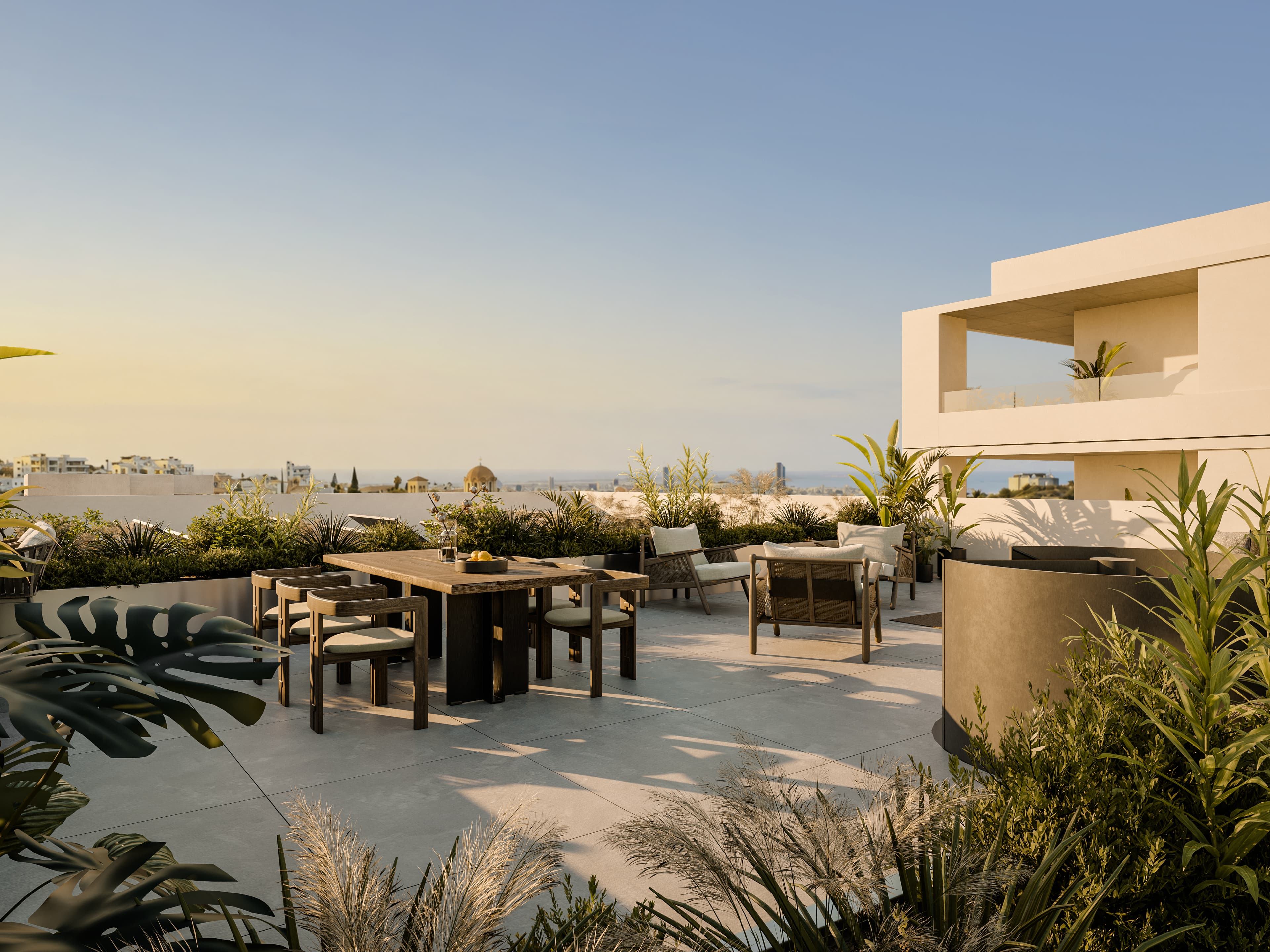 Private roof garden terrace with dining area and sea view at ARYA