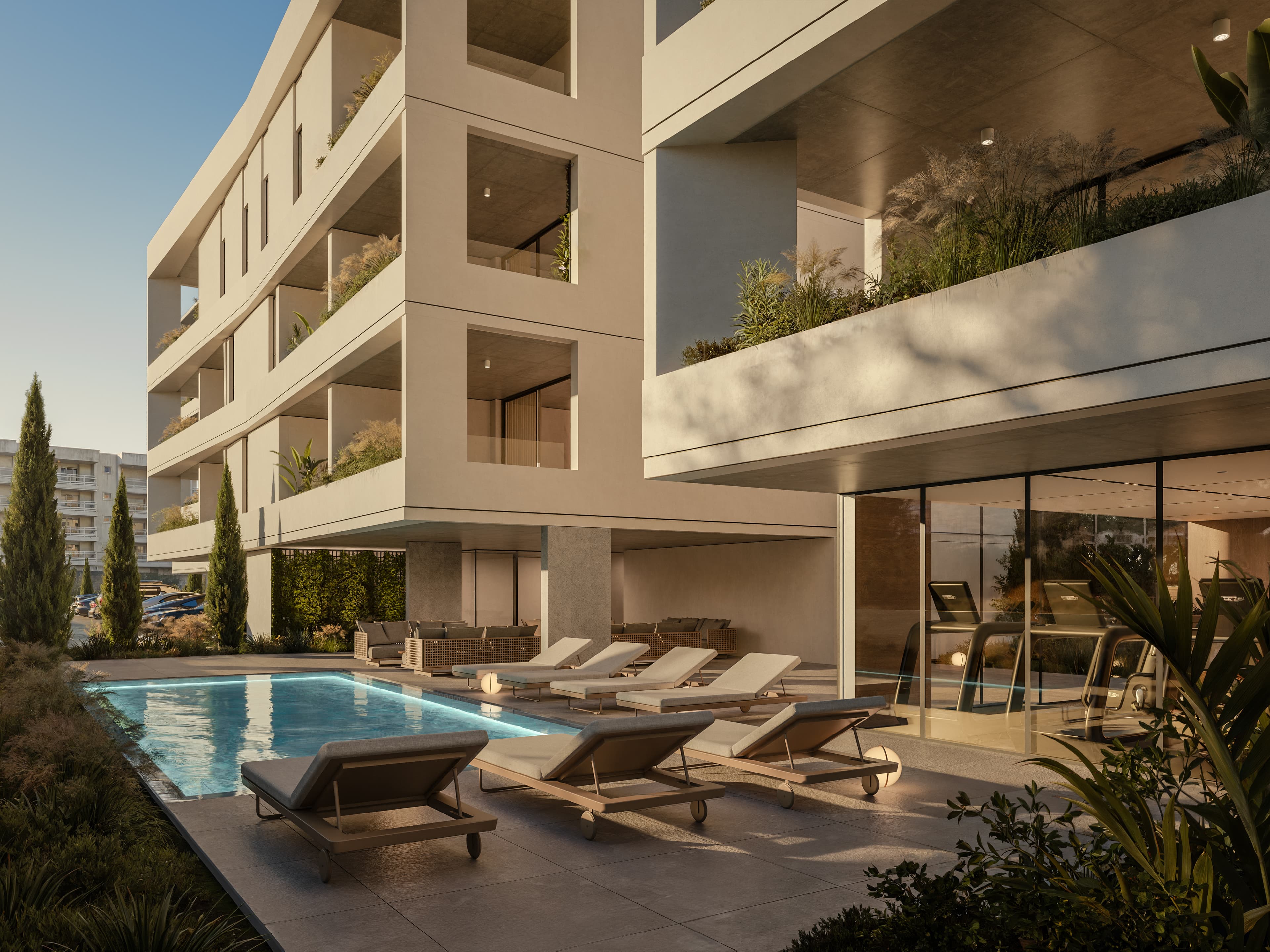 Communal pool and gym at ARYA