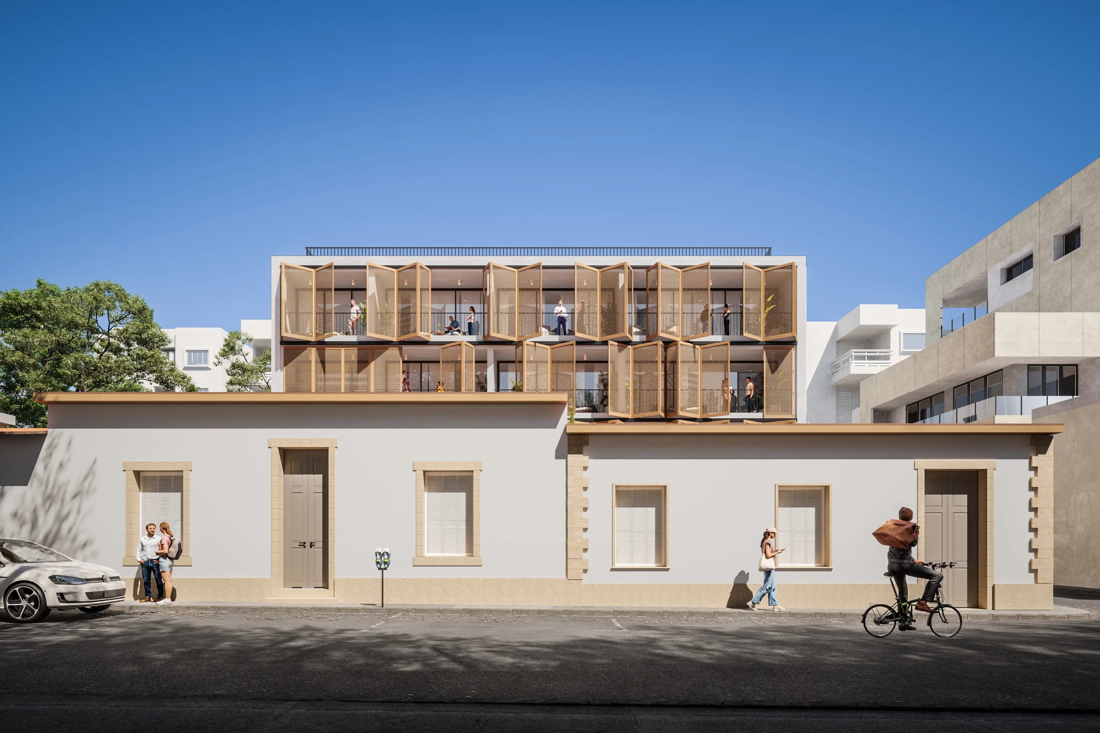 VIBE's wooden louvres rising behind a restored stone house on a Limassol old town street